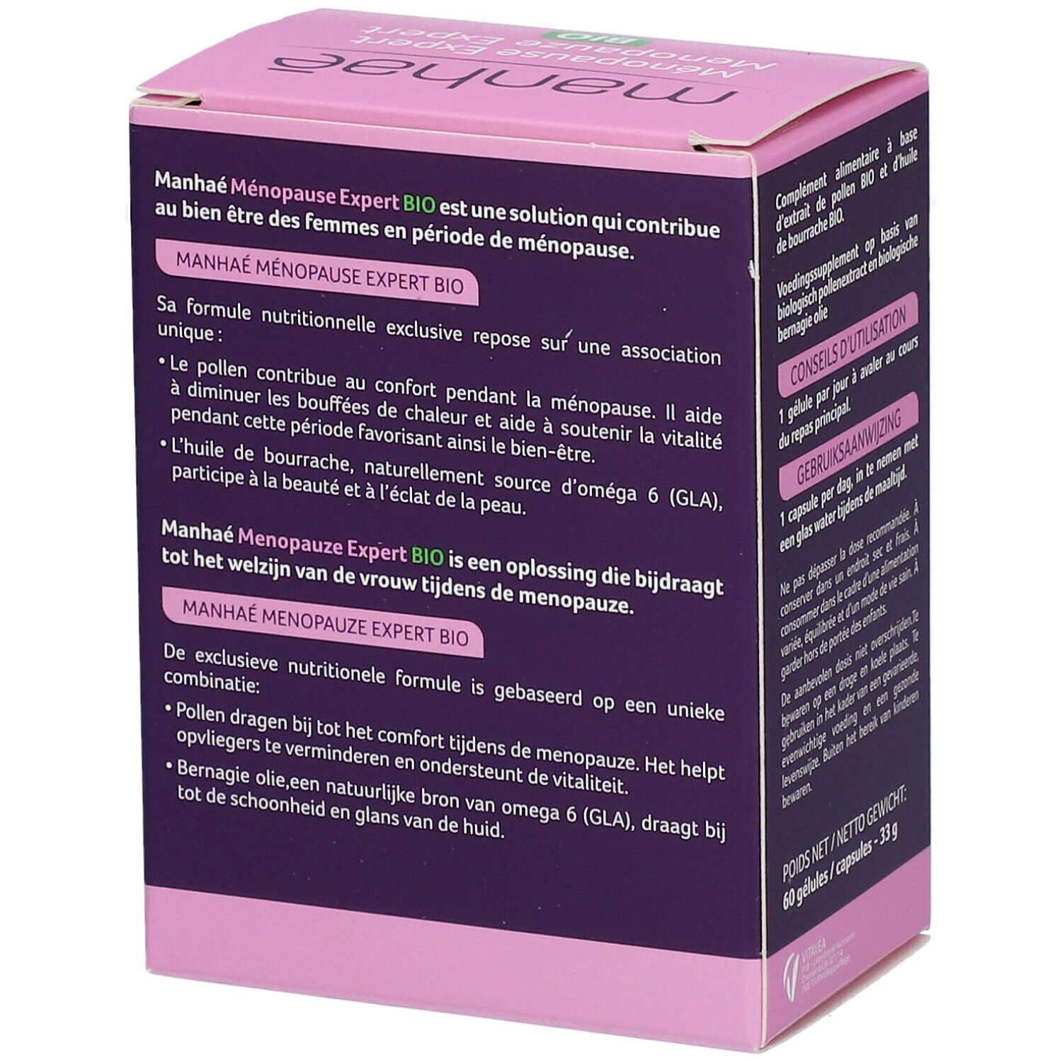 Boîte Manhaé Ménopause Expert. Texte sur les bénéfices et label Bio.