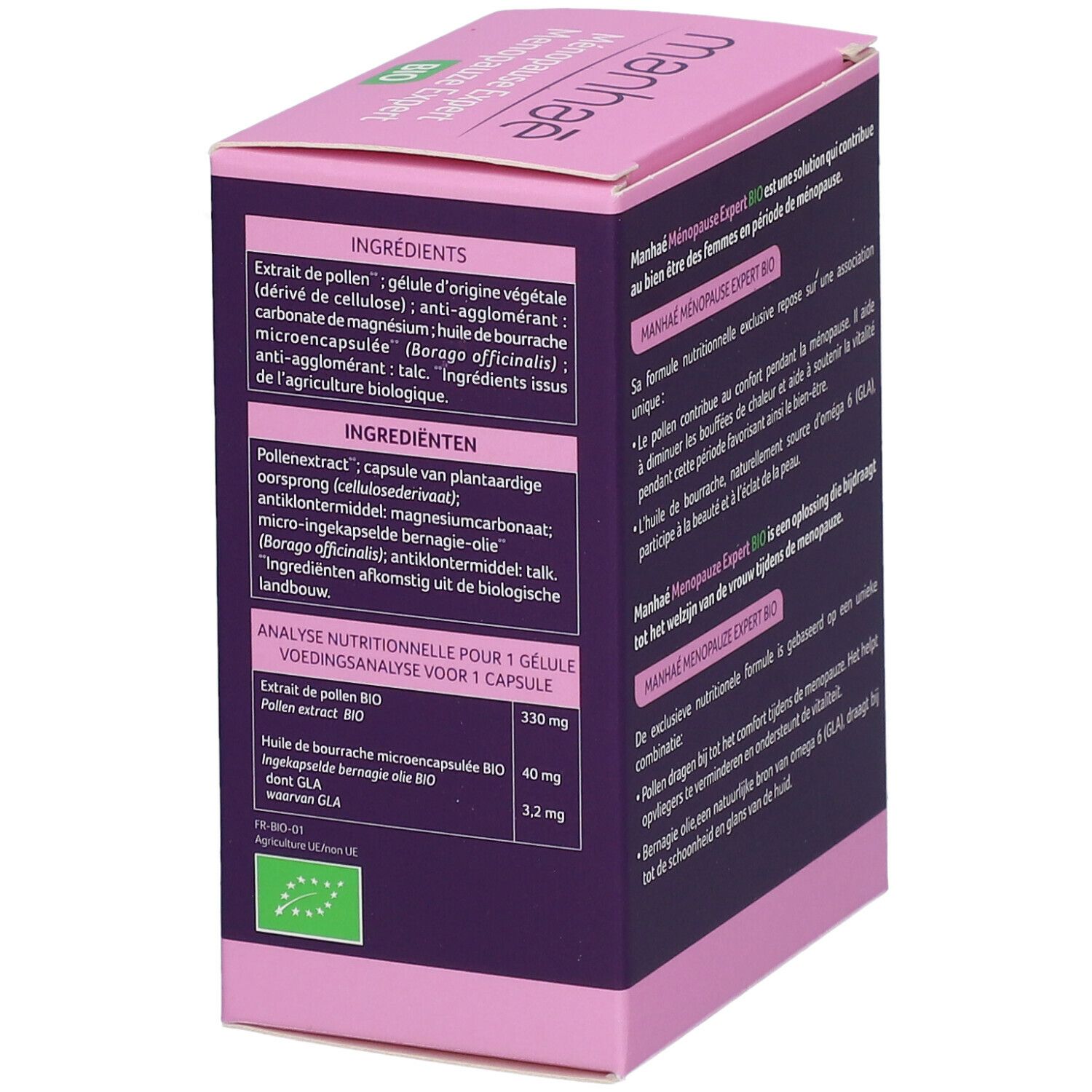 Boîte Manhaé Ménopause Expert. Ingrédients et analyse nutritionnelle. Label Bio.
