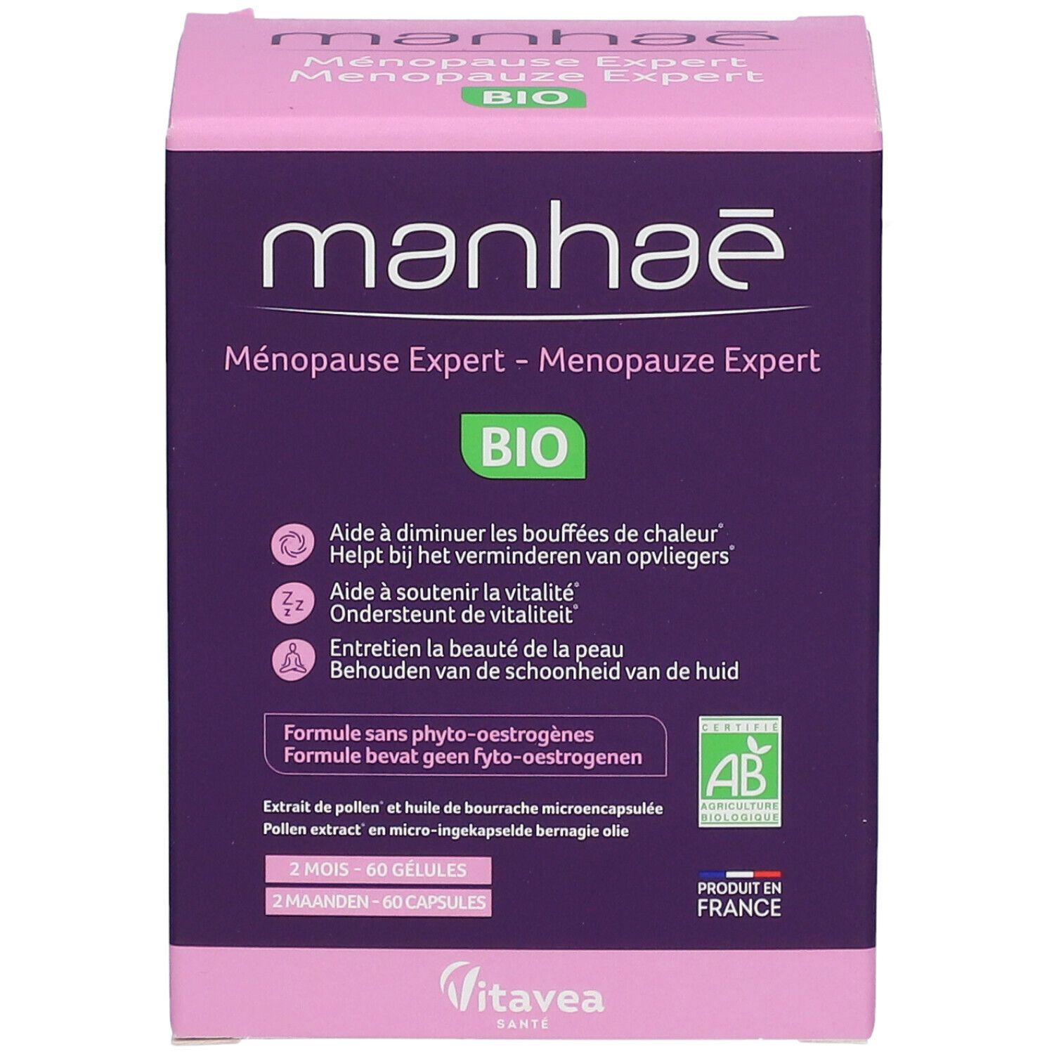Boîte Manhaé Ménopause Expert. Box violette et rose avec informations produit et label Bio.