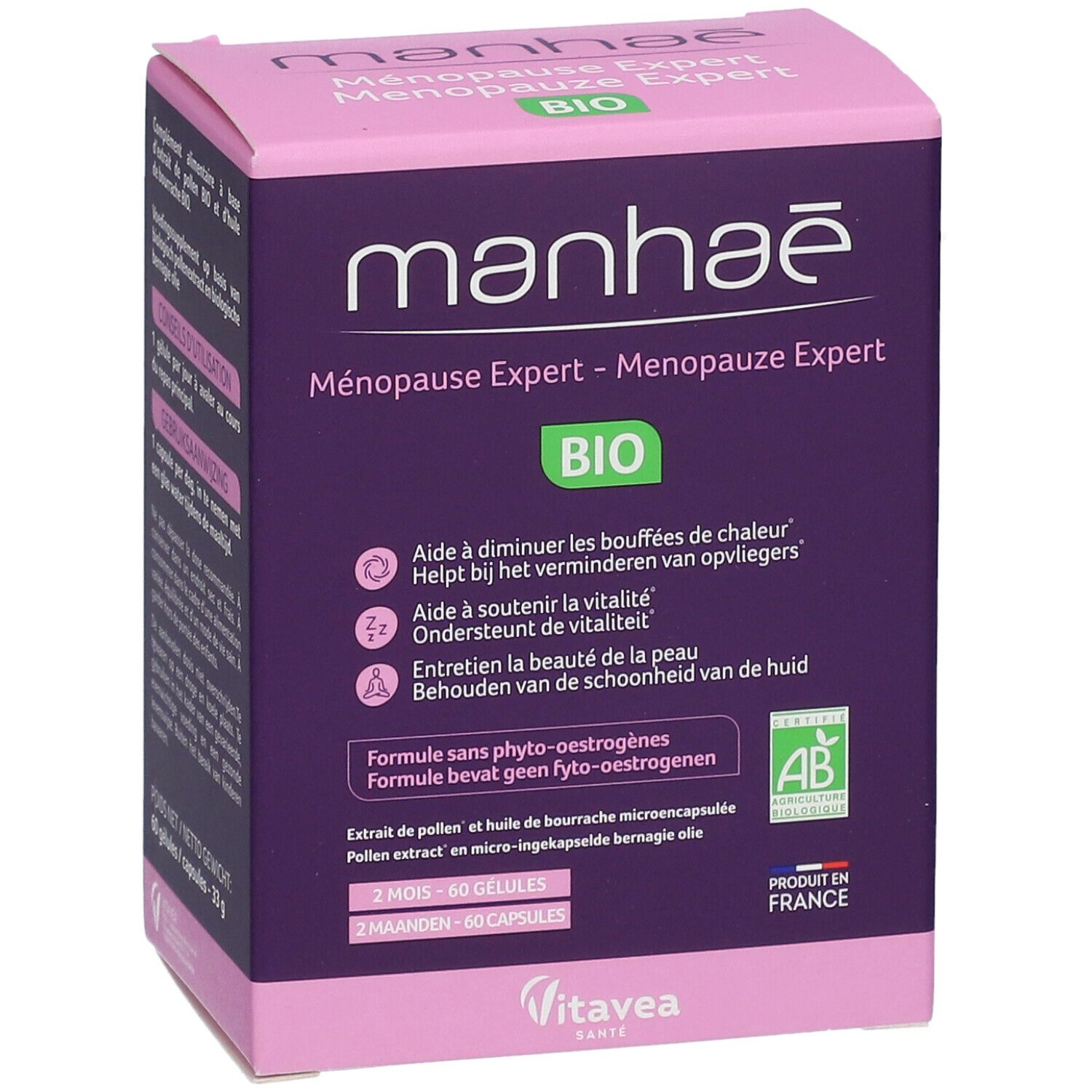 Boîte Manhaé Ménopause Expert. Box violette et rose avec informations produit et label Bio.