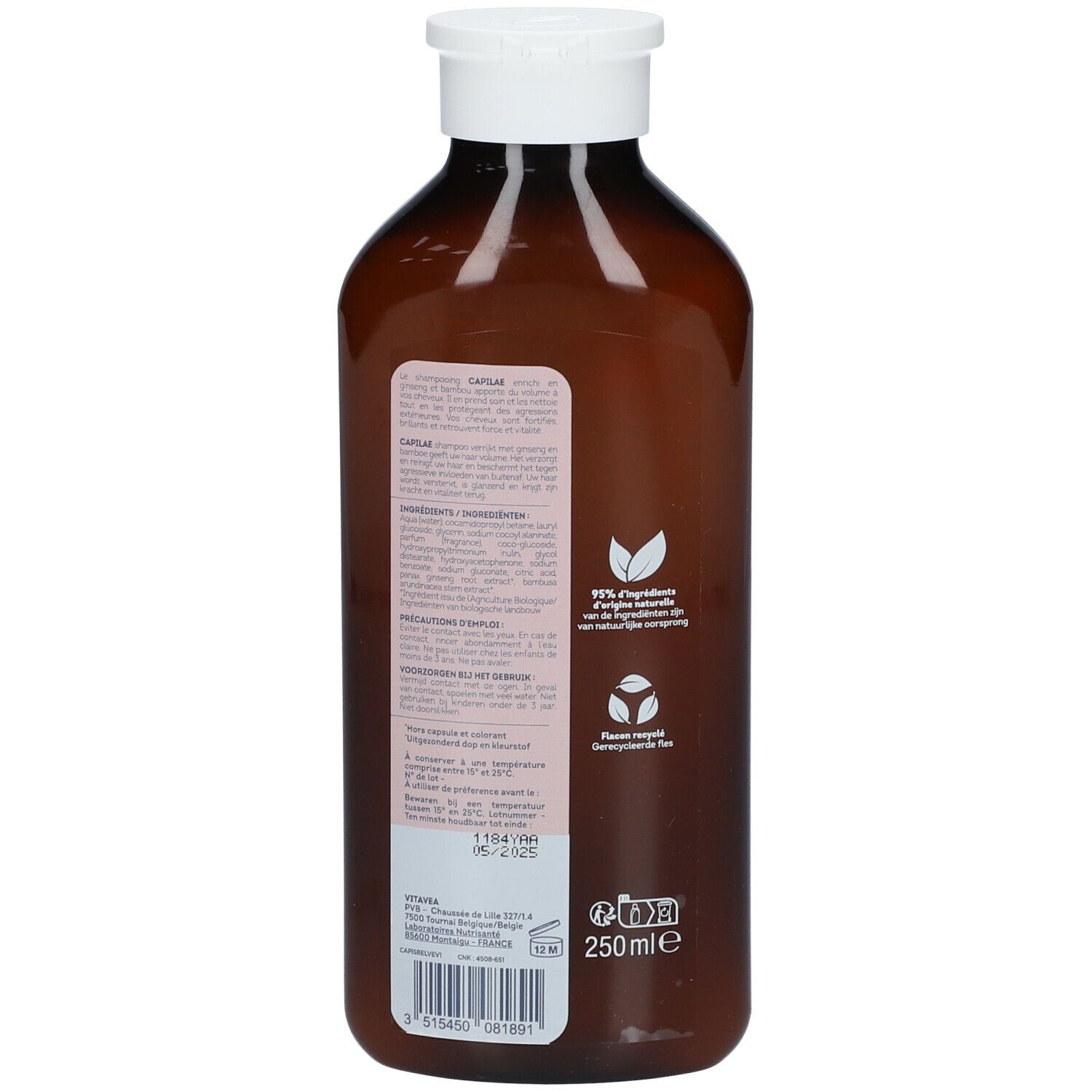 Dos d'un flacon marron avec bouchon blanc. Informations produit et logos. Volume : 250 ml.