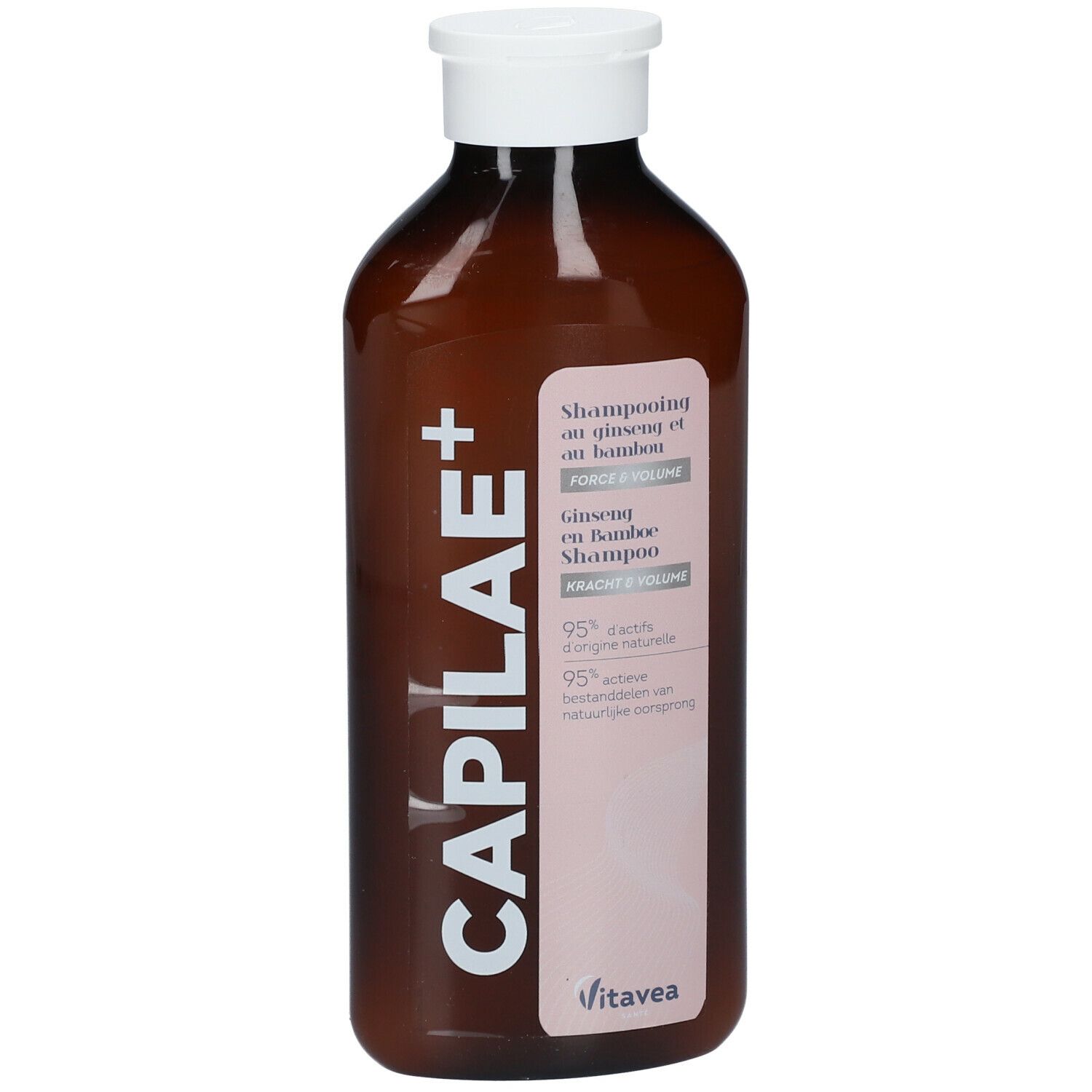 Flacon marron avec bouchon blanc. Inscription CAPILAE+ et informations produit. Marque : Vitavea.