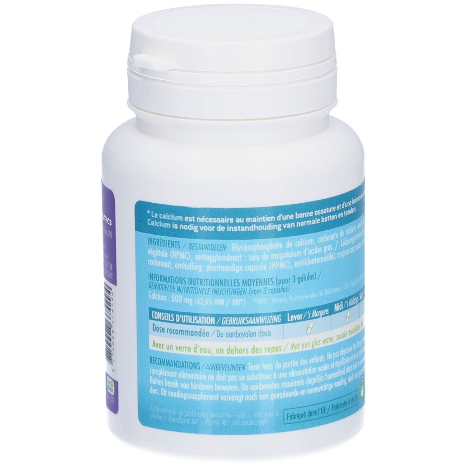 Rückseite einer weißen Flasche mit VITANUTRICS Calcium-Kapseln. Text: Zutaten, Gebrauchsanweisung. Blaue und grüne Etiketten.