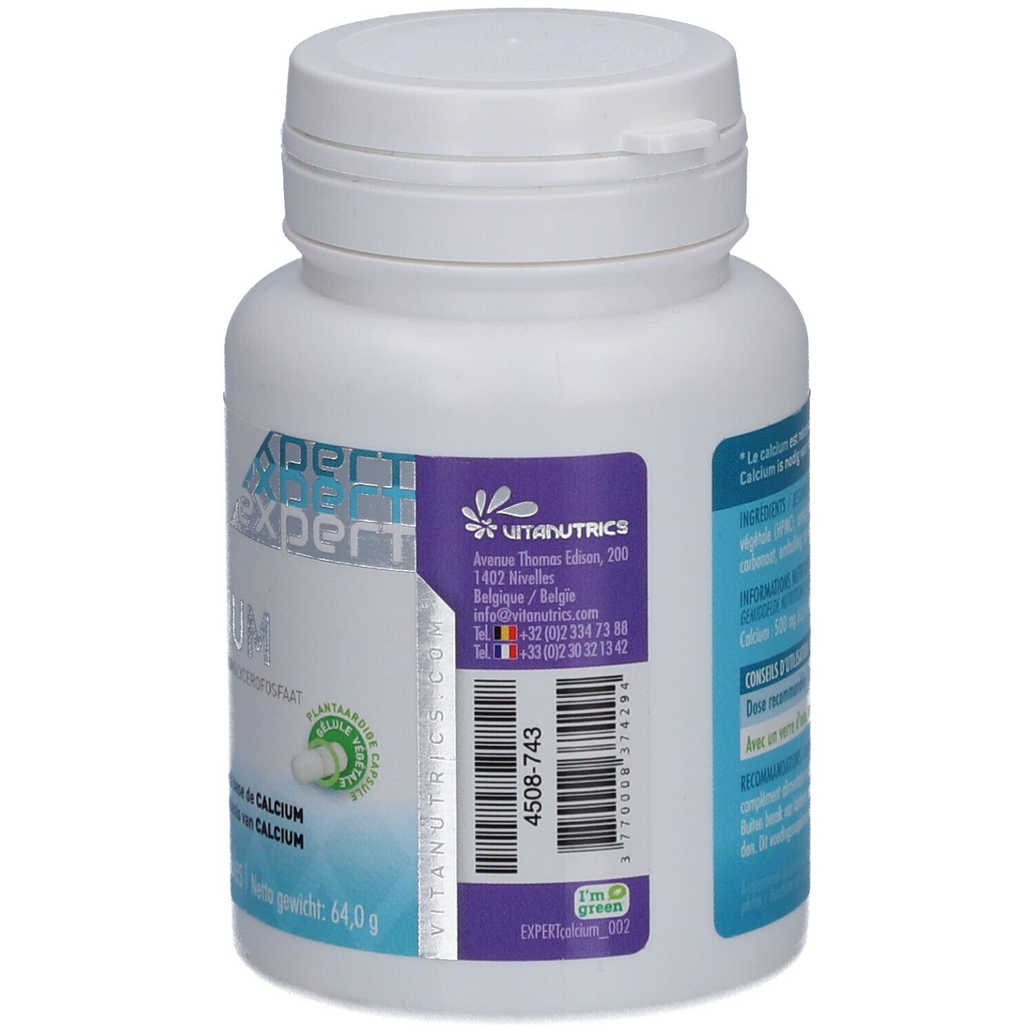 Rückseite einer weißen Flasche mit VITANUTRICS Calcium-Kapseln. Aufschrift: Expert. Blaue und grüne Etiketten. Barcode.