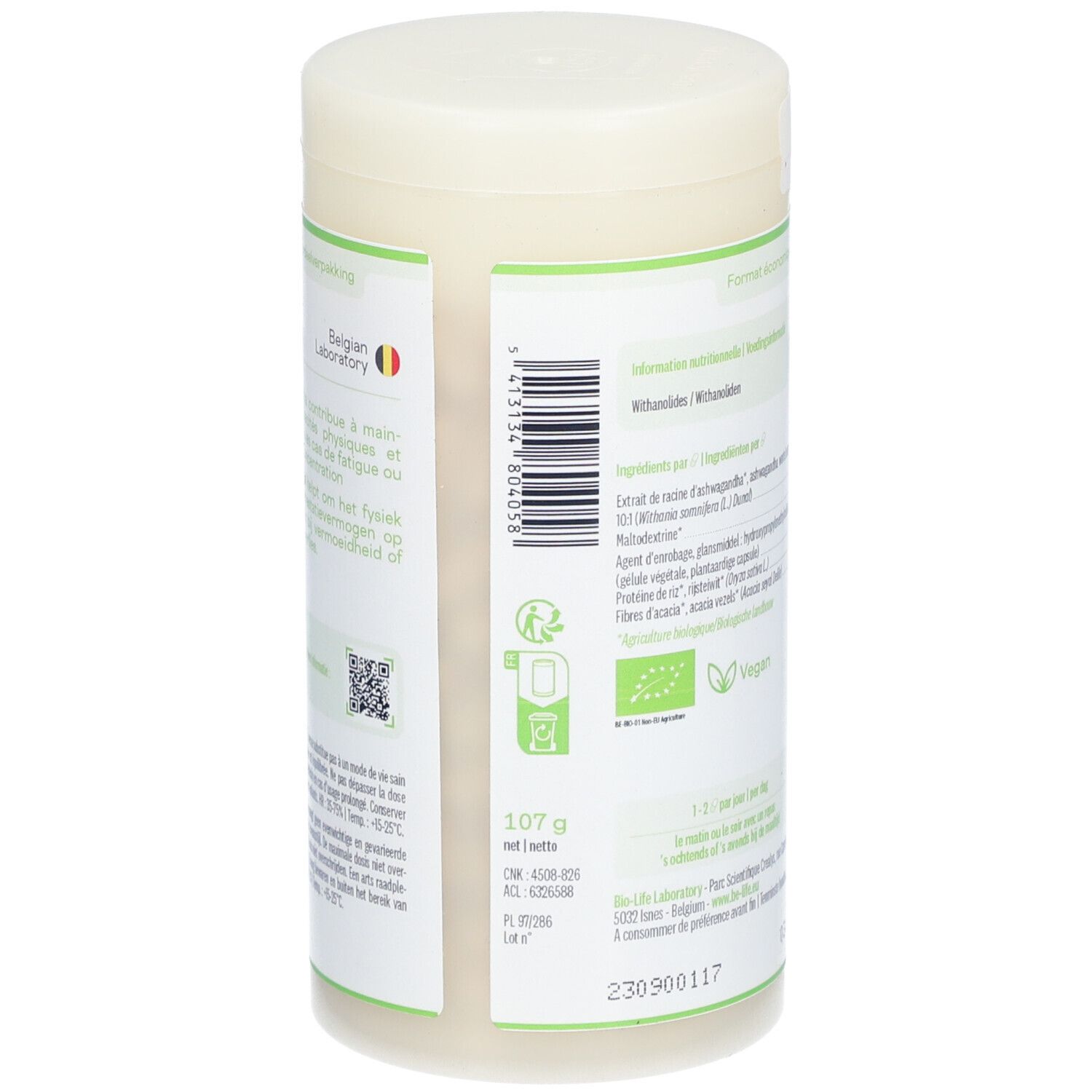 Dos du flacon. Contient des informations sur les ingrédients et les valeurs nutritionnelles. Label Vegan. Poids 107 g.