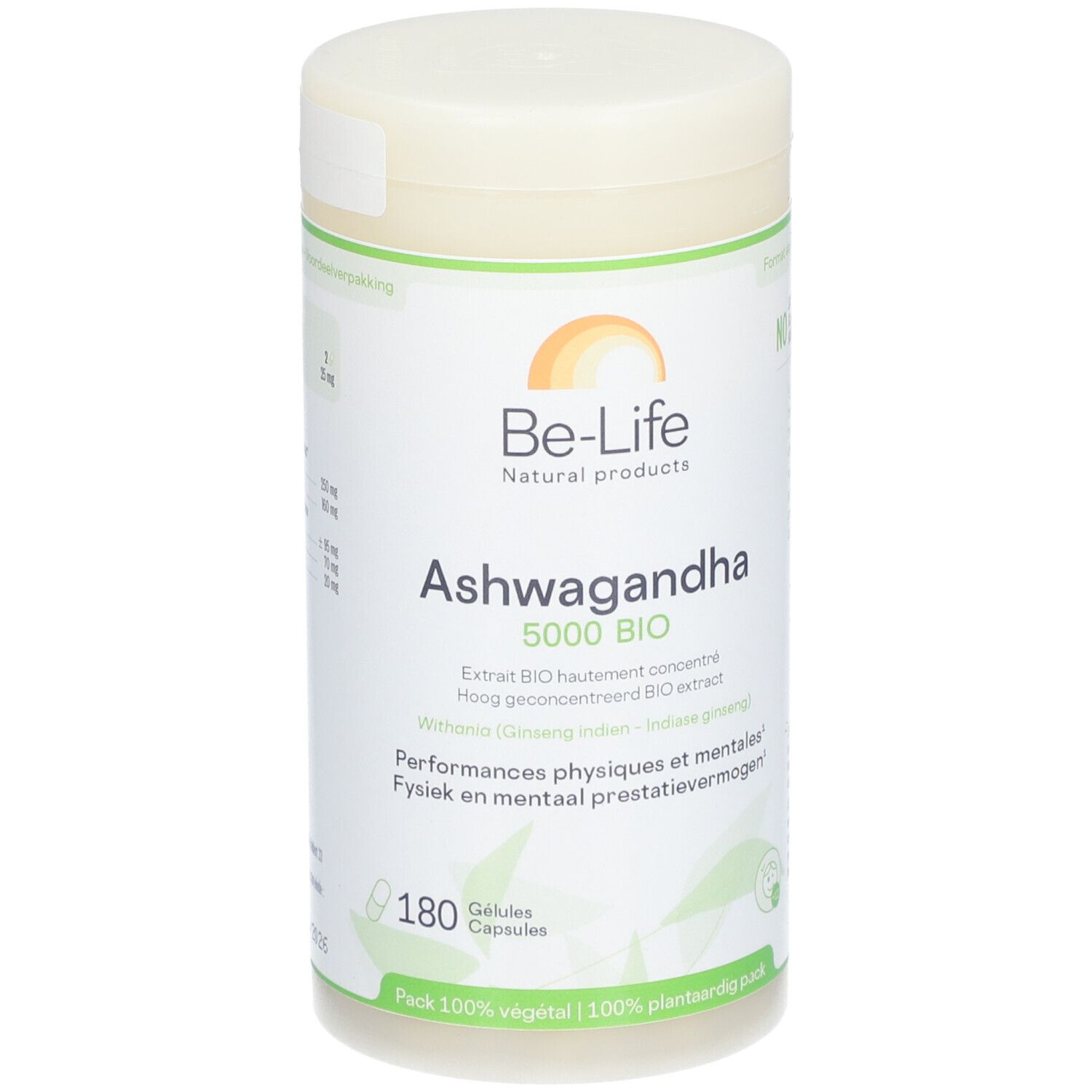 Flacon blanc avec couvercle. Inscription: Be-Life Ashwagandha 5000 BIO. 180 gélules. Certification BIO.