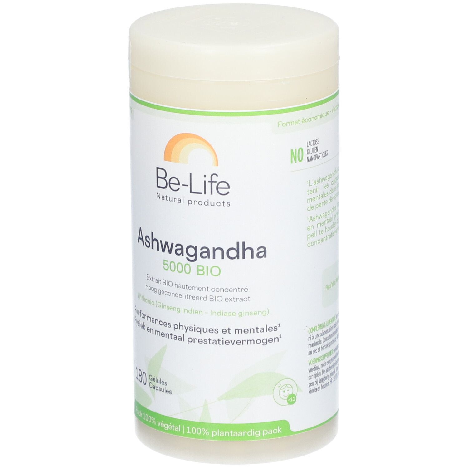 Flacon blanc avec couvercle. Inscription: Be-Life Ashwagandha 5000 BIO. 180 gélules. Certification BIO. Sans lactose et gluten.