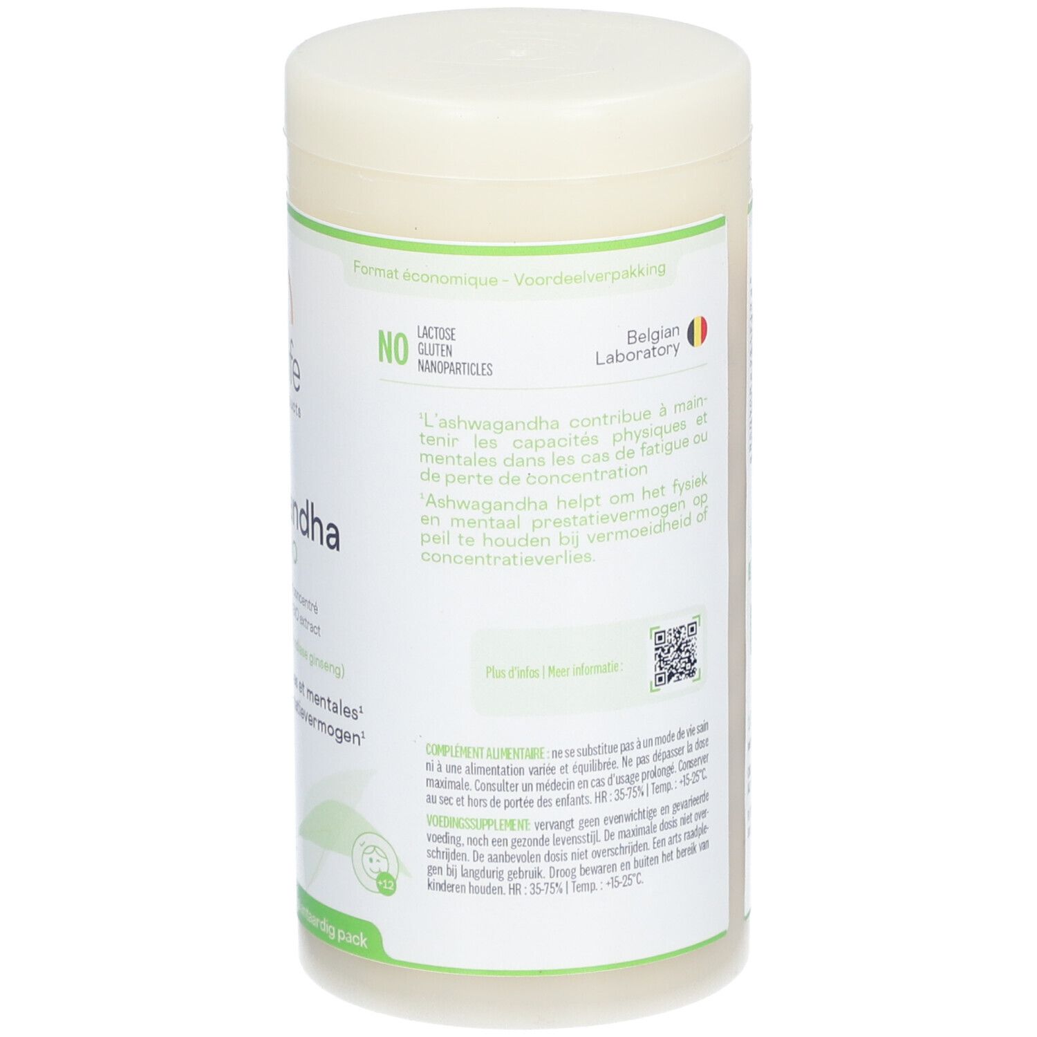 Dos du flacon. Contient des informations sur les ingrédients et les valeurs nutritionnelles. Label Vegan. Sans lactose et gluten.