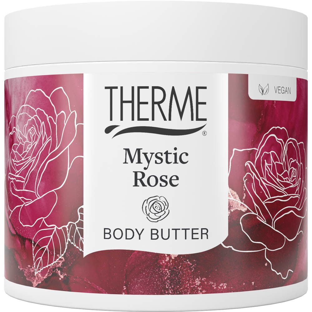 Witte pot met rode banderol. Opschrift THERME, Mystic Rose, Body Butter. Rozen illustraties. Vegan logo.