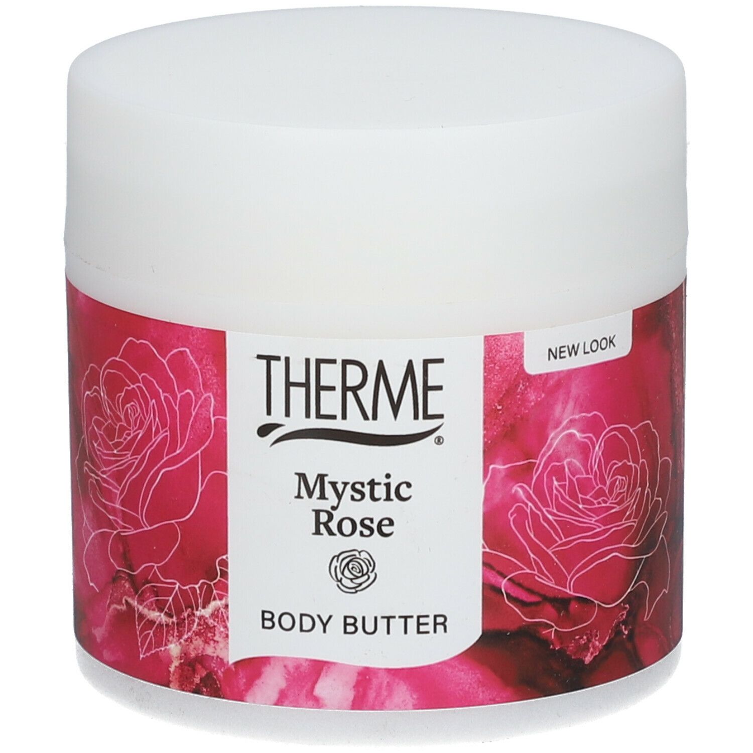 Witte pot met rode banderol. Opschrift THERME, Mystic Rose, Body Butter. Rozen illustraties.