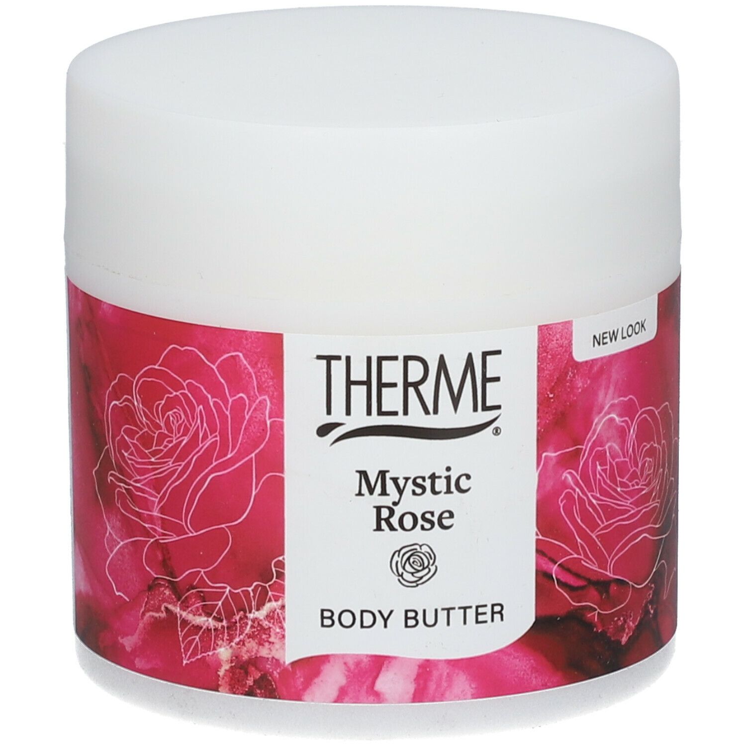 Witte pot met rode banderol. Opschrift THERME, Mystic Rose, Body Butter. Rozen illustraties.