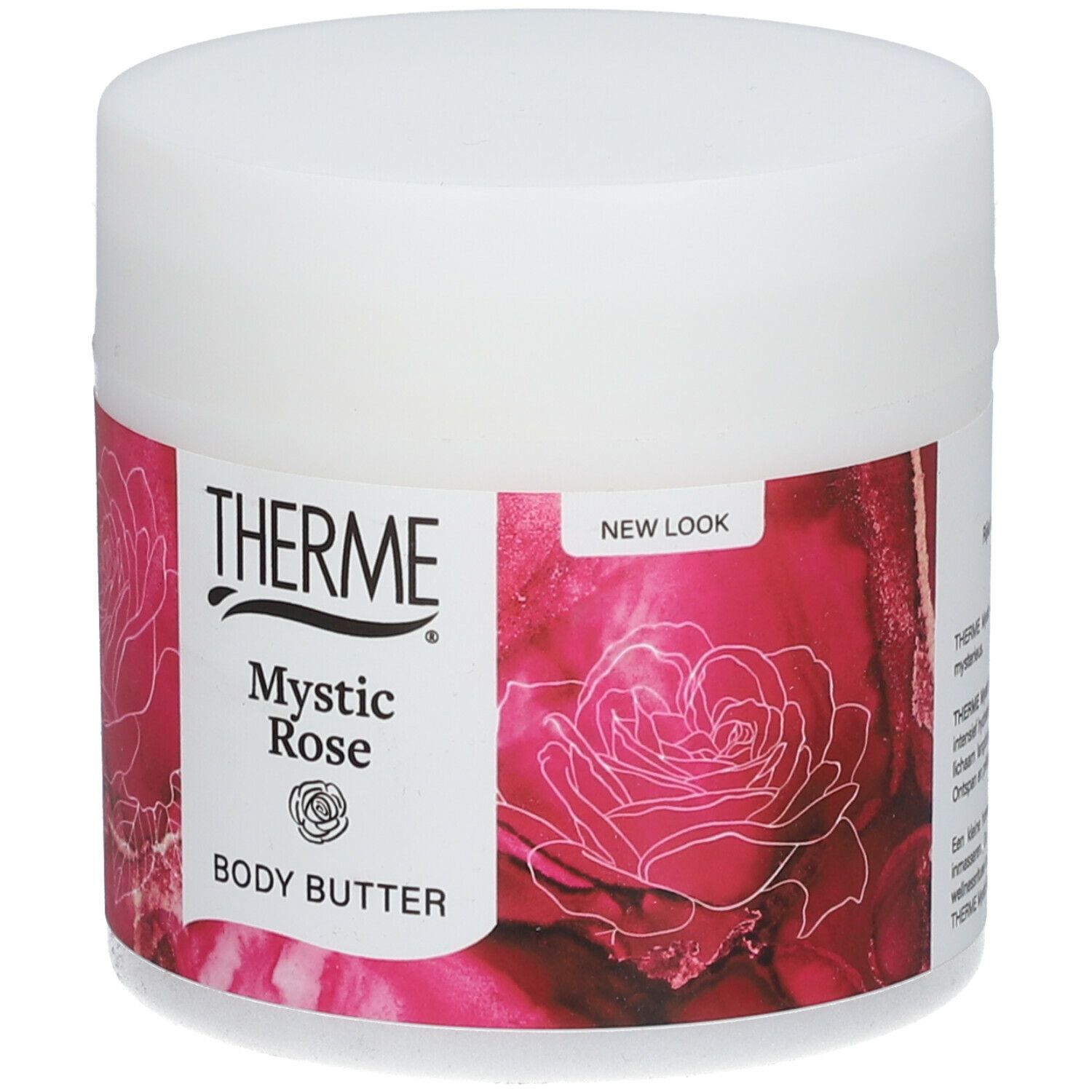 Witte pot met rode banderol. Opschrift THERME, Mystic Rose, Body Butter. Rozen illustraties. New Look.