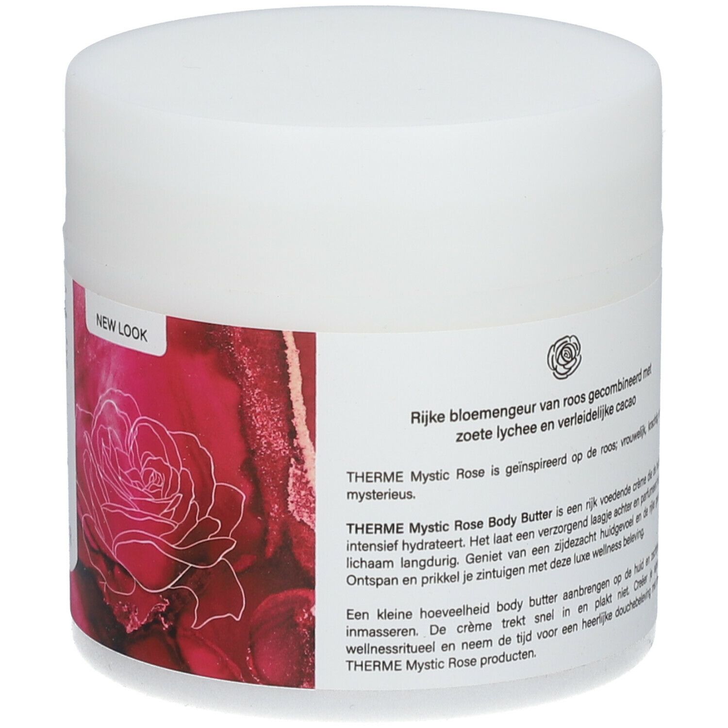 Witte pot met rode banderol. Opschrift THERME, Mystic Rose, Body Butter. Rozen illustraties. New Look.