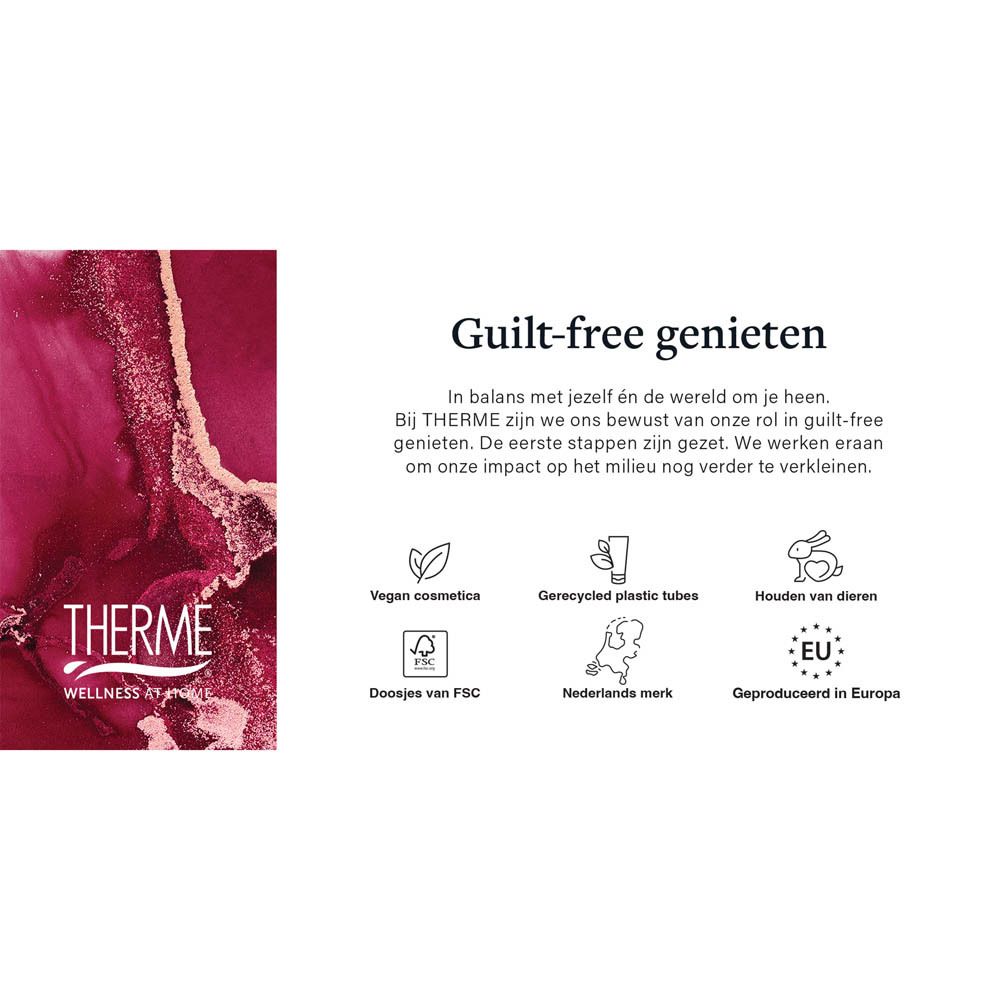 Tekst over Mystic Rose. Tekst over THERME. Logo's.