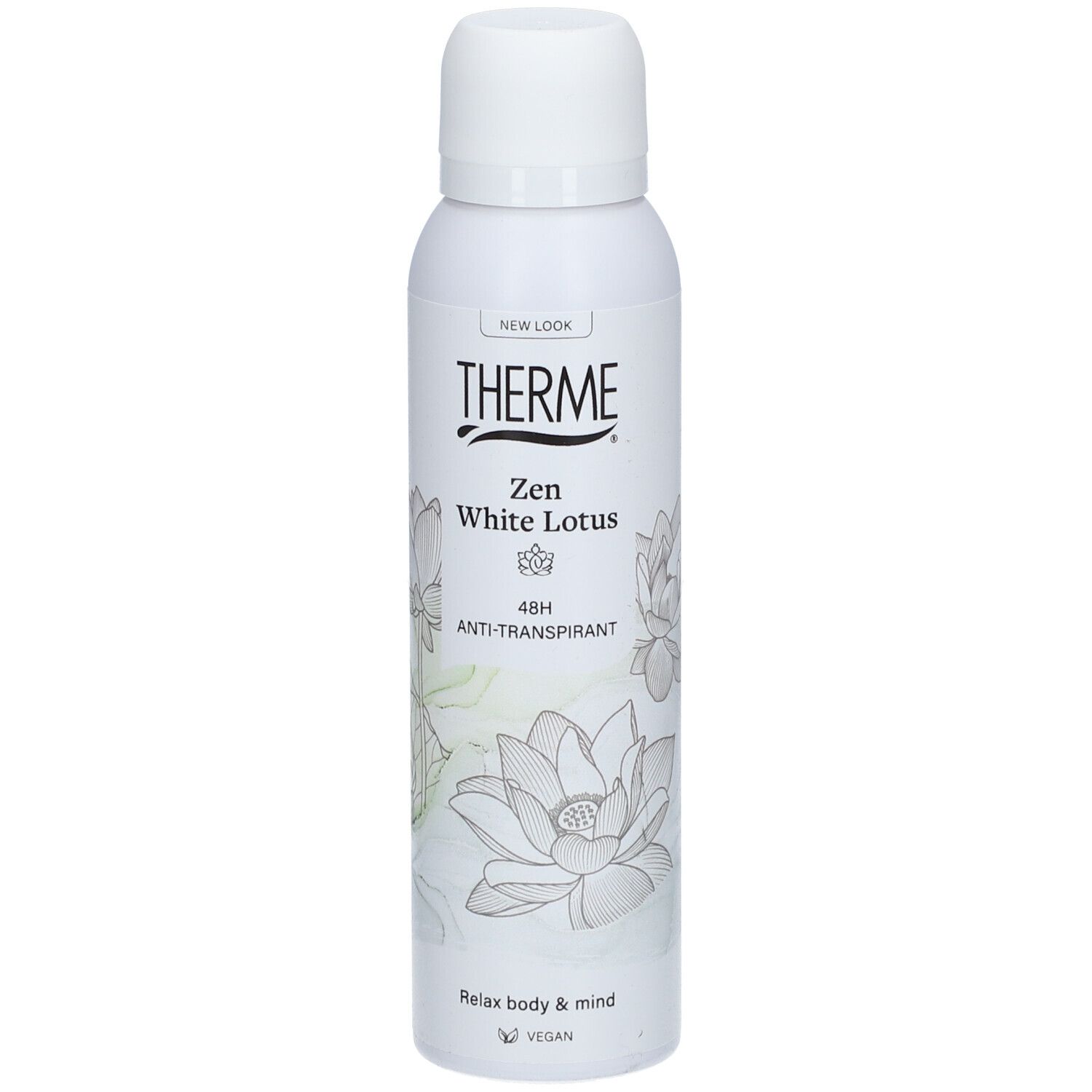 Witte deodorant THERME Zen White Lotus. Met lotusbloemdesign. 48H anti-transpirant. Vegan.