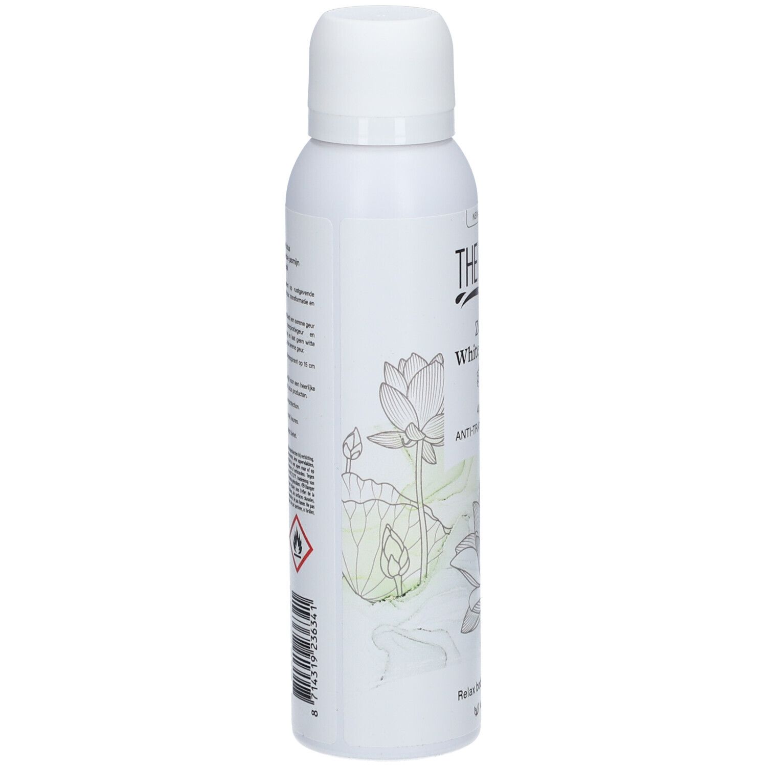 Witte deodorant THERME Zen White Lotus, zijaanzicht. Lotusbloemdesign. 48H anti-transpirant. Vegan.