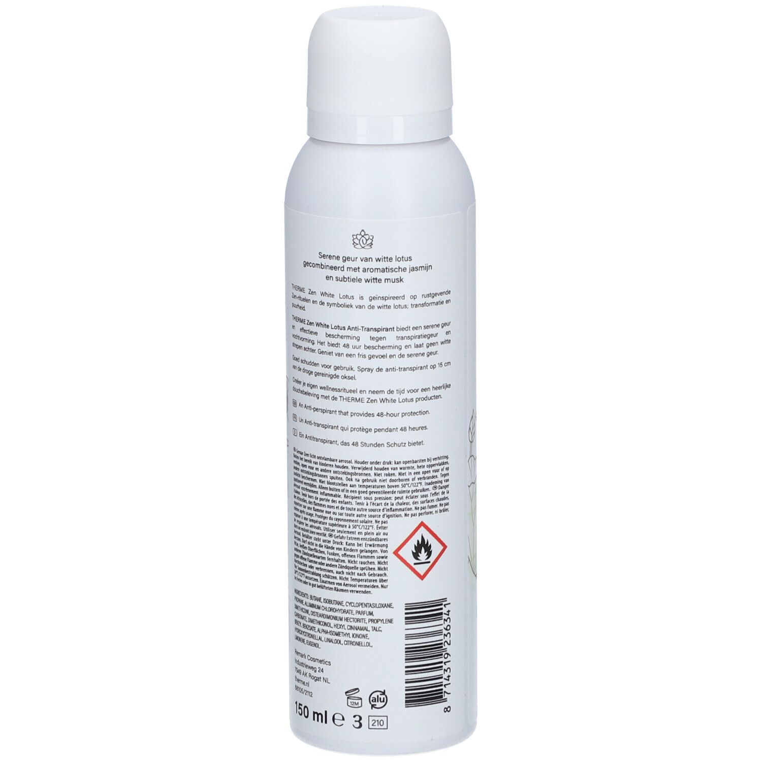 Witte deodorant THERME Zen White Lotus, achteraanzicht met tekst. 48H anti-transpirant. Vegan. 150 ml.