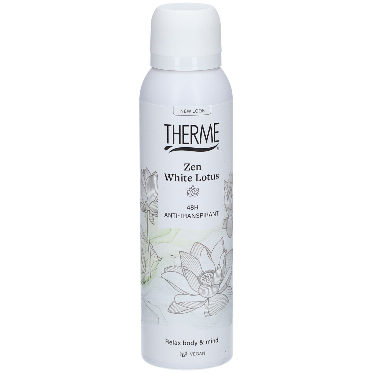 Witte deodorant THERME Zen White Lotus. Met lotusbloemdesign. 48H anti-transpirant. Vegan.