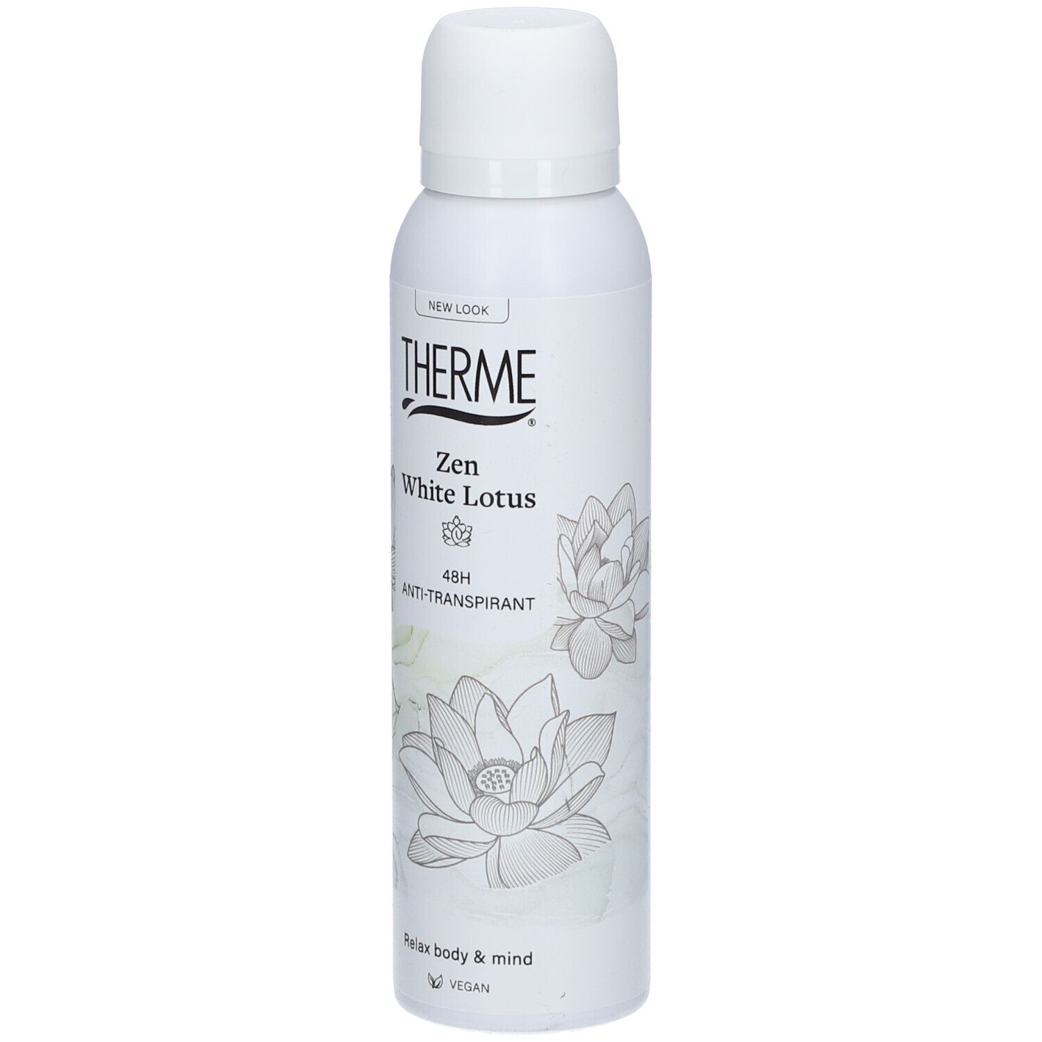 Witte deodorant THERME Zen White Lotus. Met lotusbloemdesign. 48H anti-transpirant. Vegan.