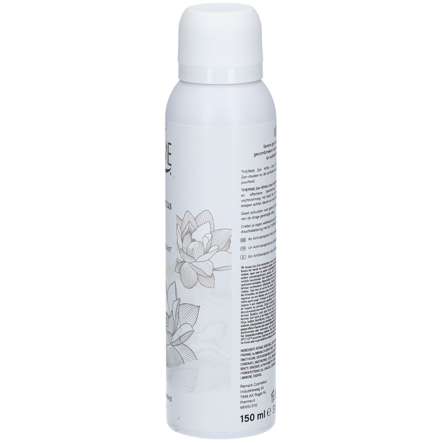 Witte deodorant THERME Zen White Lotus, achteraanzicht met tekst. 48H anti-transpirant. Vegan. 150 ml.