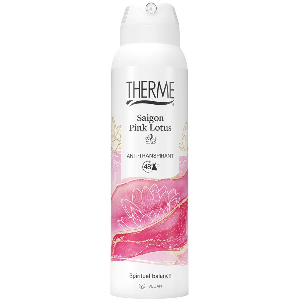 Spray antitranspirant THERME Saigon Pink Lotus blanc. Tête de pulvérisation visible. Vegan.