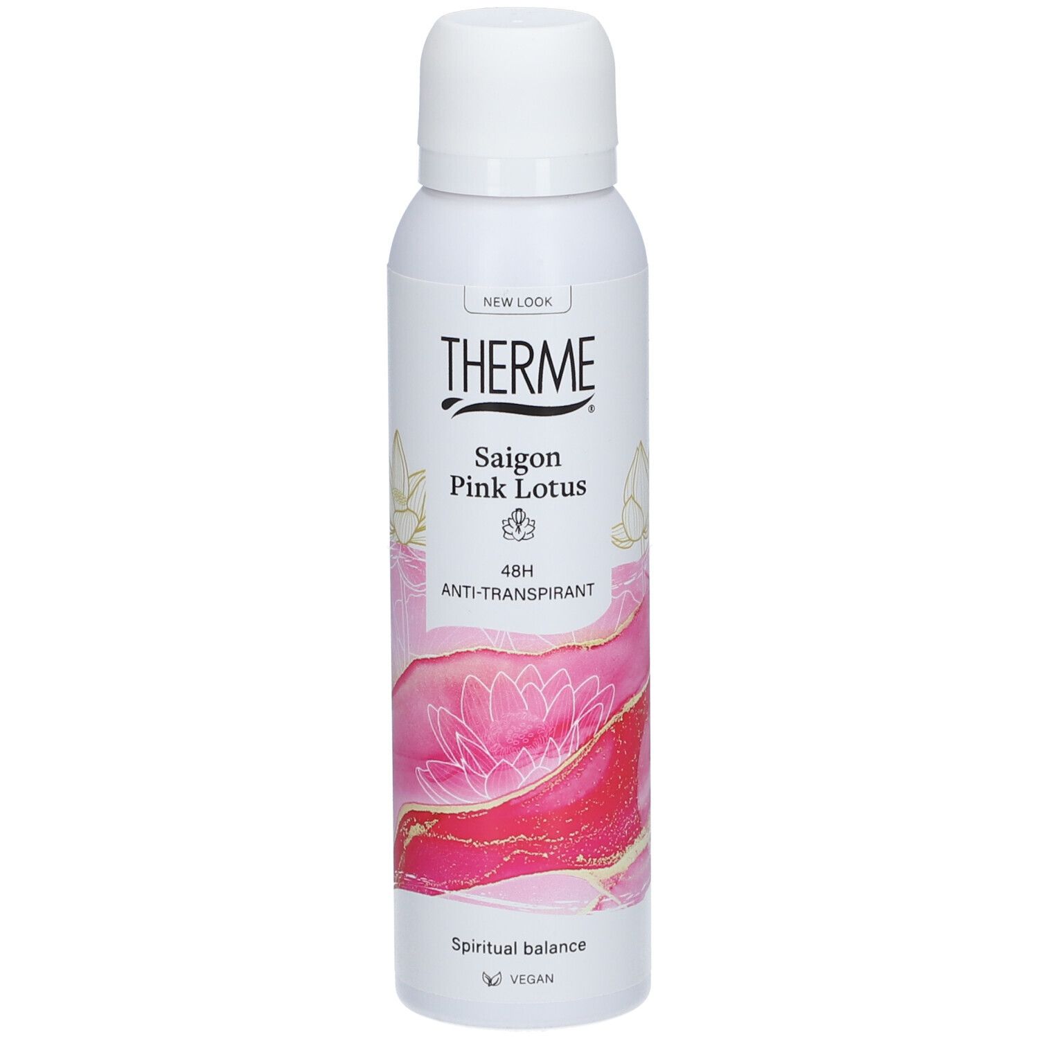 Weißes THERME Saigon Pink Lotus Antitranspirant Spray. Pinke und goldene florale Grafik. Vegan.