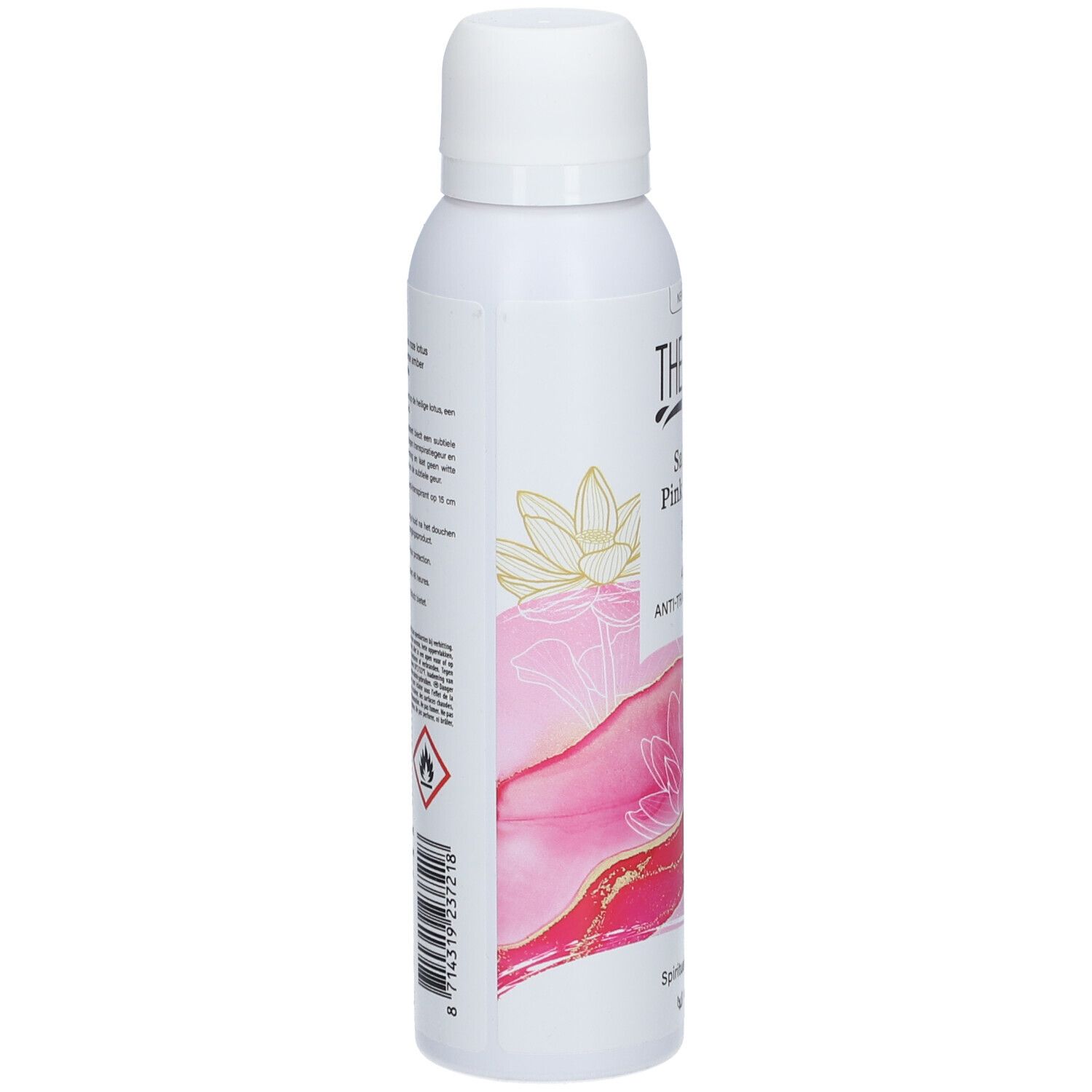 Weißes THERME Saigon Pink Lotus Antitranspirant Spray. Seitenansicht mit Text und Barcode. Vegan.