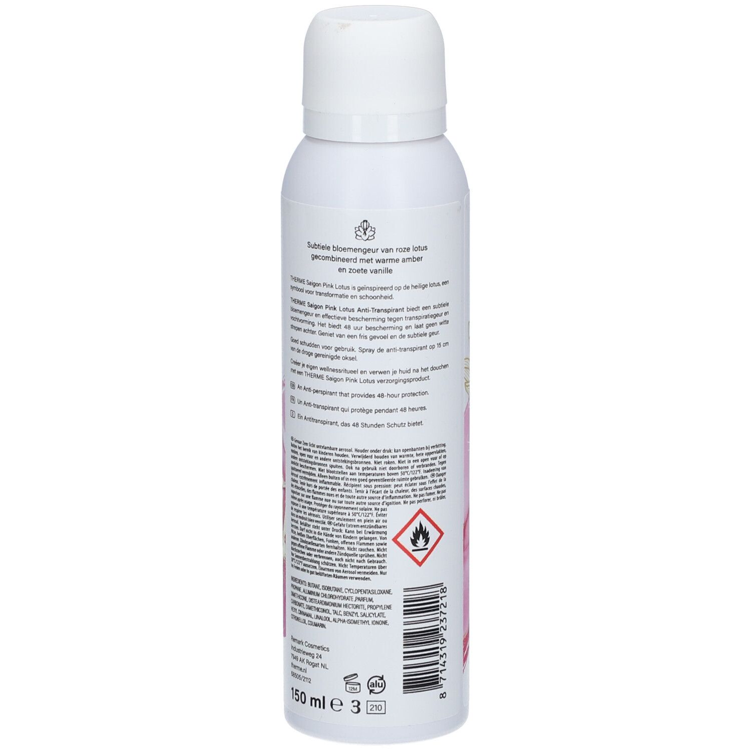 Weißes THERME Saigon Pink Lotus Antitranspirant Spray. Rückansicht mit Text. Vegan.