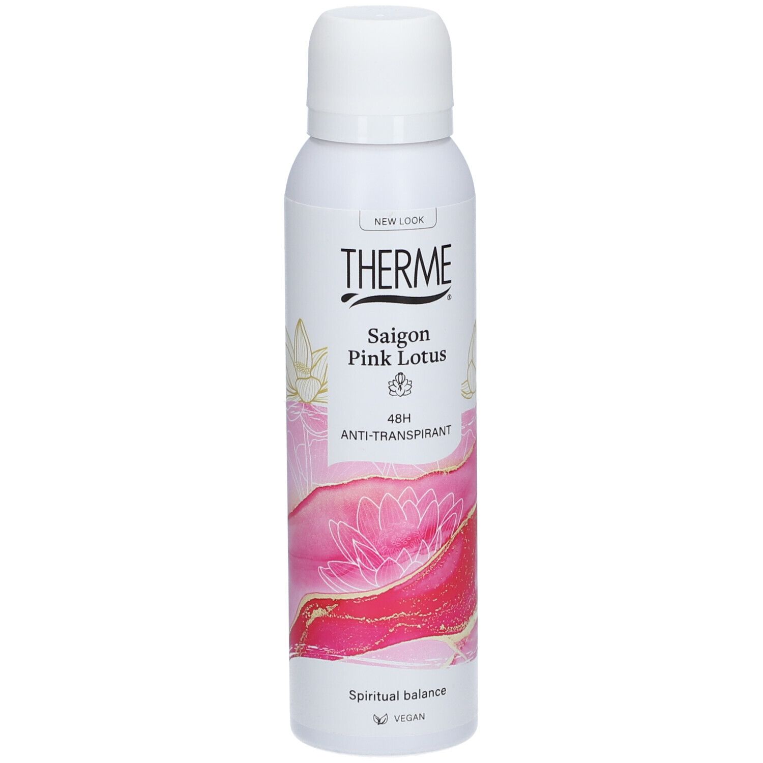 Weißes THERME Saigon Pink Lotus Antitranspirant Spray. Pinke und goldene florale Grafik. Vegan.