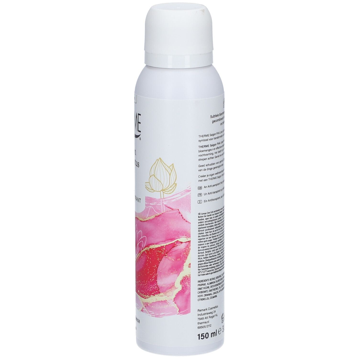 Weißes THERME Saigon Pink Lotus Antitranspirant Spray. Rückansicht mit Text. Vegan.