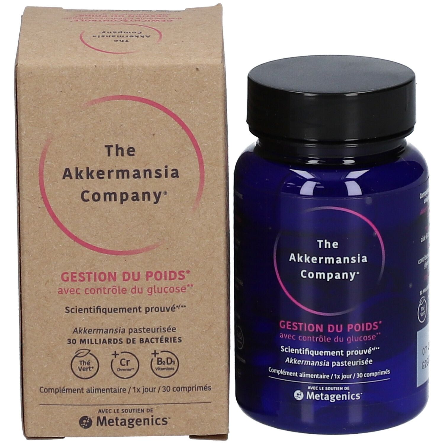 Productverpakking met blauwe fles en doos. Opschrift: The Akkermansia Company, Gestion du Poids. Met Metagenics-logo.