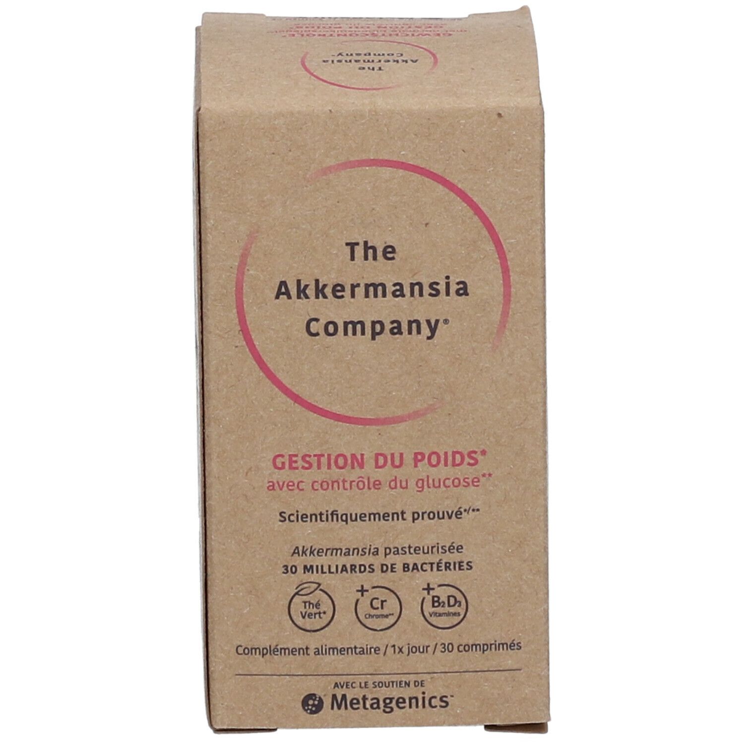 Kartonnen verpakking. Opschrift: The Akkermansia Company, Gestion du Poids. Met Metagenics-logo. 30 miljard bacteriën.