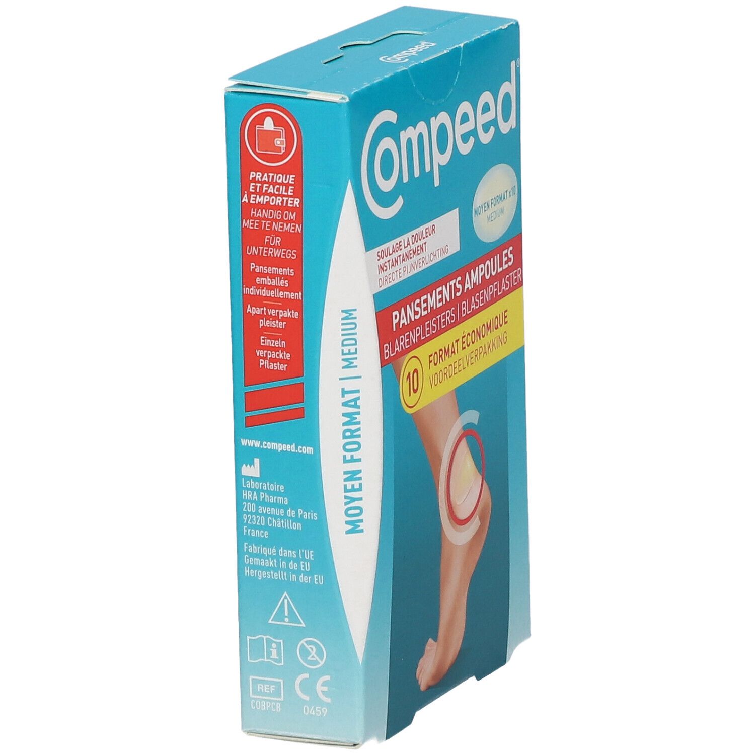 Compeed blarenpleisterverpakking, medium formaat. De verpakking toont een illustratie van een voet met een pleister.