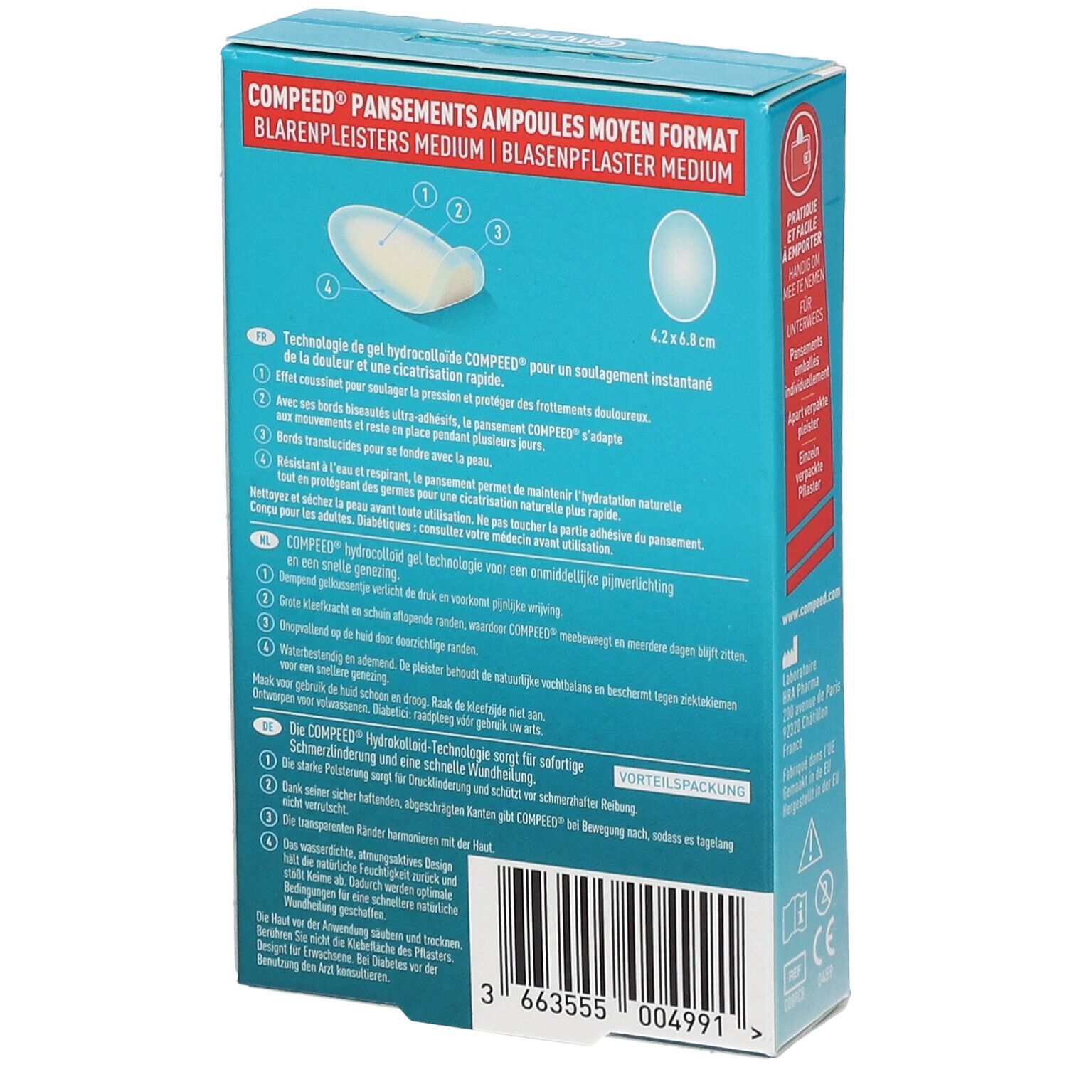 Achterkant van de Compeed blarenpleisterverpakking, medium formaat. Productinformatie en afbeeldingen van pleisters.