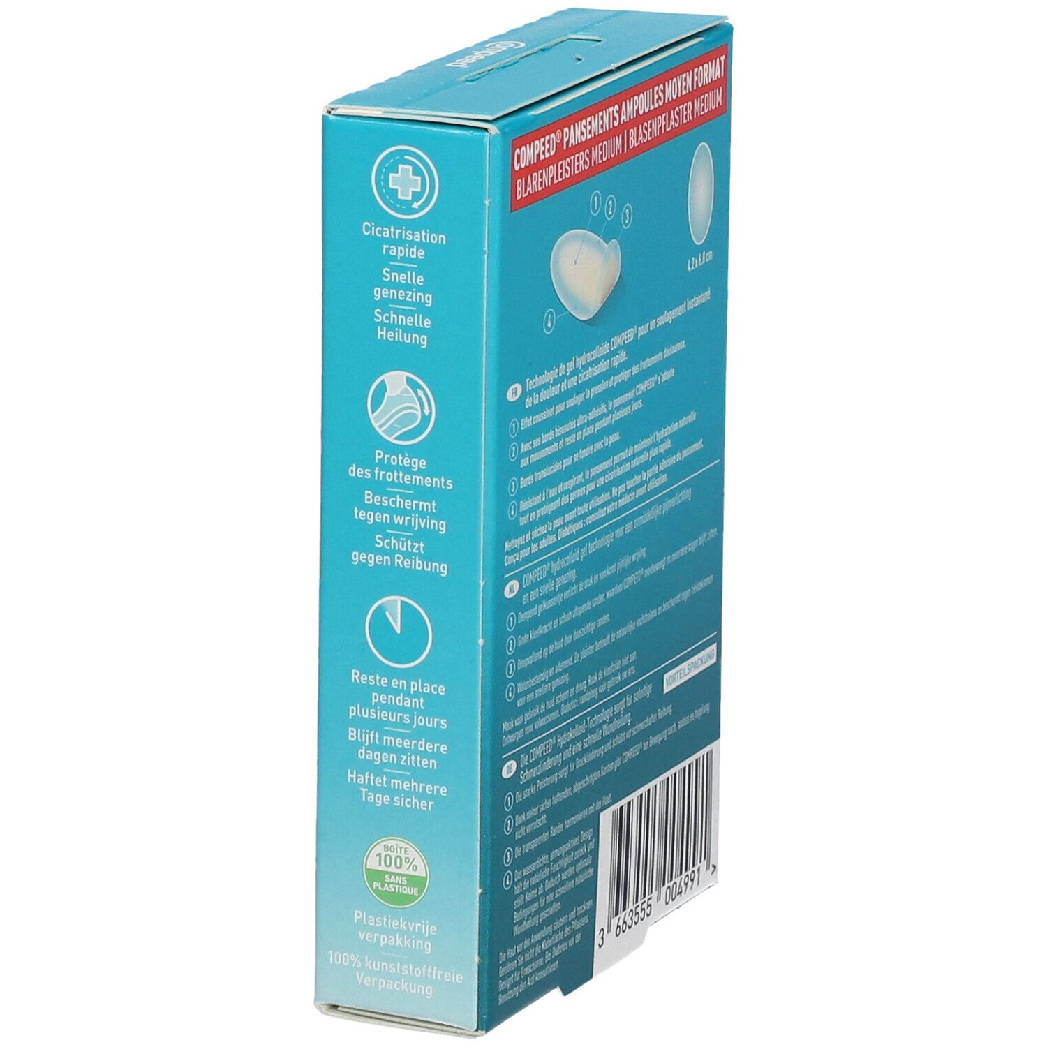 Compeed blarenpleisterverpakking, medium formaat. Productkenmerken en een pleister afgebeeld op de verpakking.