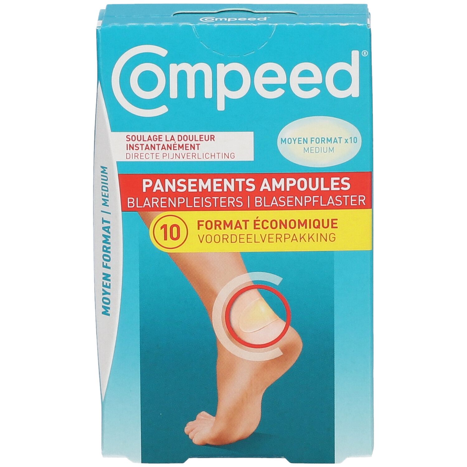 Verpakking Compeed blarenpleisters, medium formaat. Een voet met een pleister is afgebeeld op de verpakking.