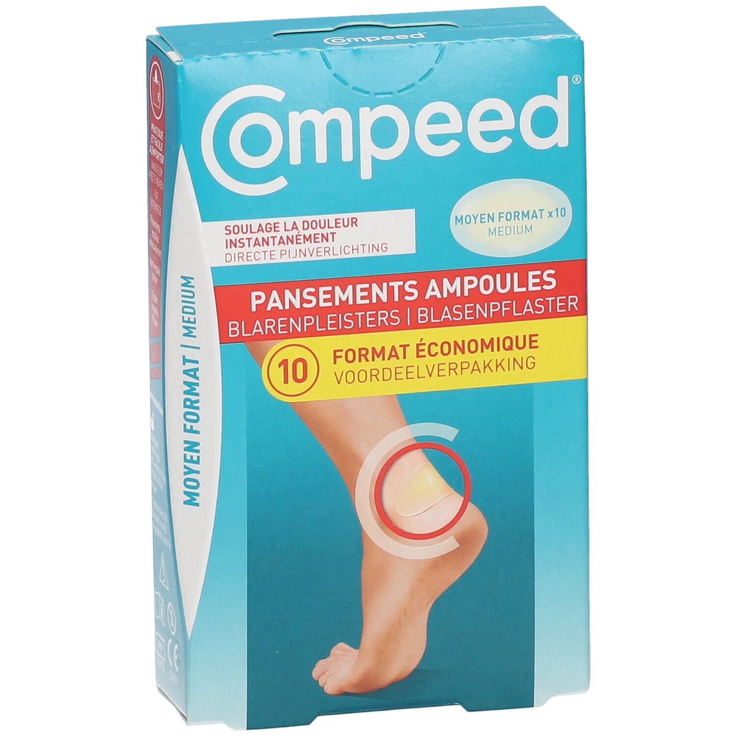 Verpakking Compeed blarenpleisters, medium formaat. Een voet met een pleister is afgebeeld op de verpakking.