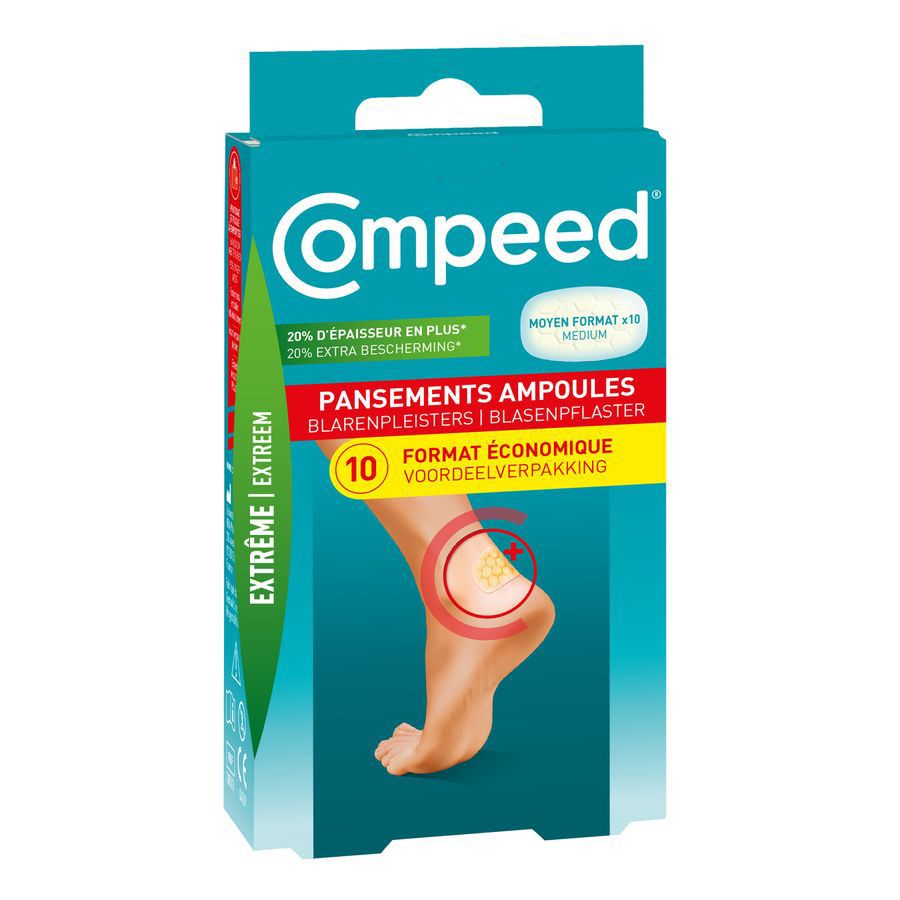 Compeed® Extreme Blarenpleisters verpakking. Toont een voet met blaar, omcirkeld met rood. 10 pleisters.