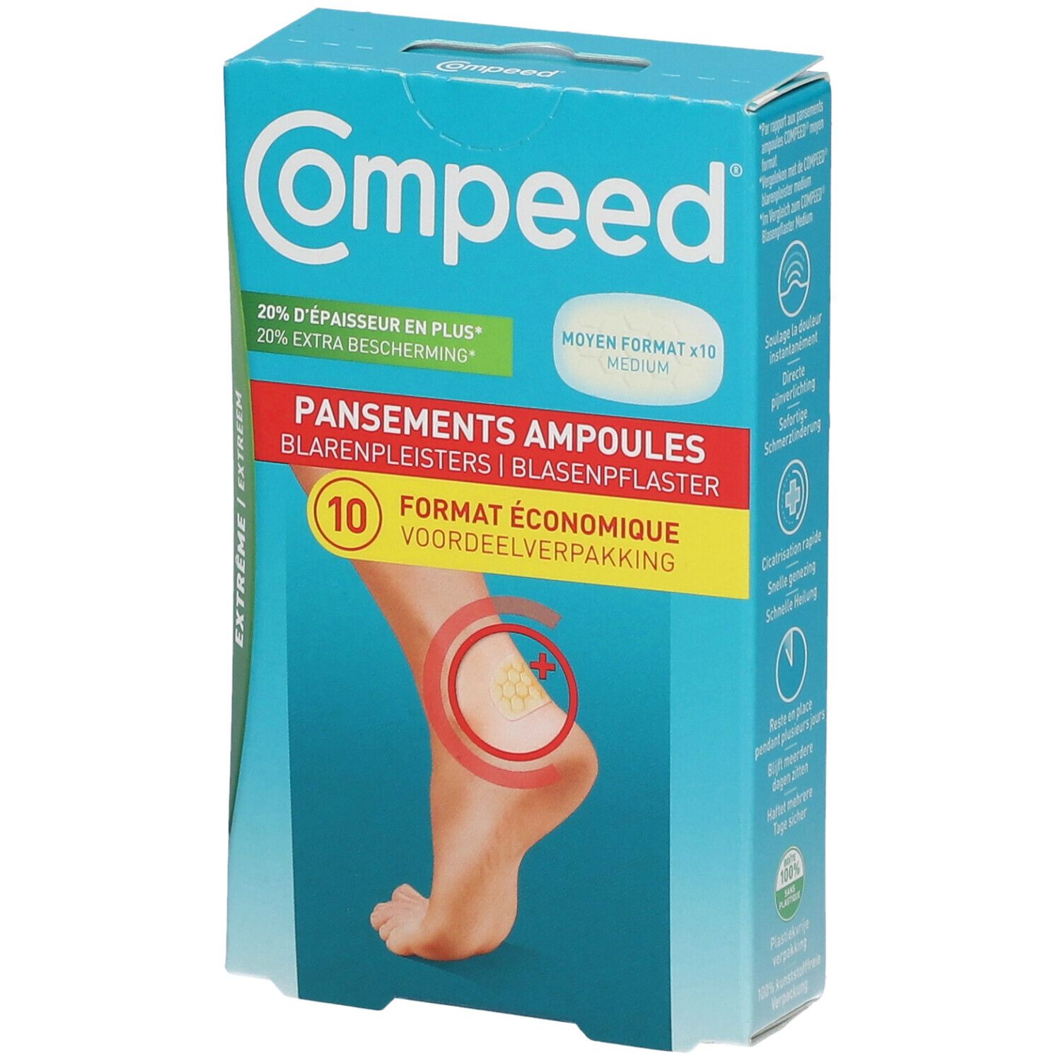 Compeed® Extreme Blarenpleisters verpakking. Toont een voet met blaar, omcirkeld met rood. 10 pleisters.