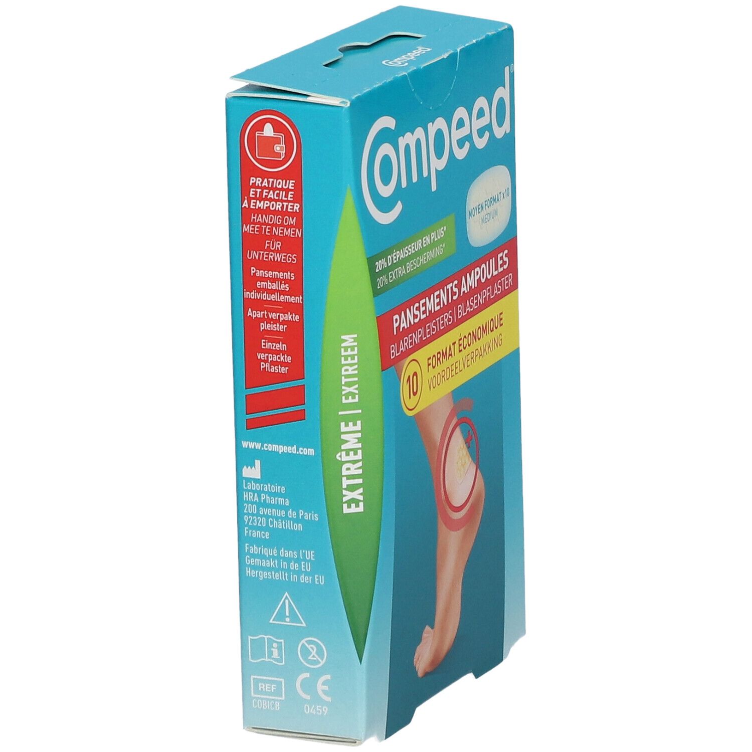 Compeed® Extreme Blarenpleisters verpakking. Blauwe doos met productinformatie. Zijaanzicht.