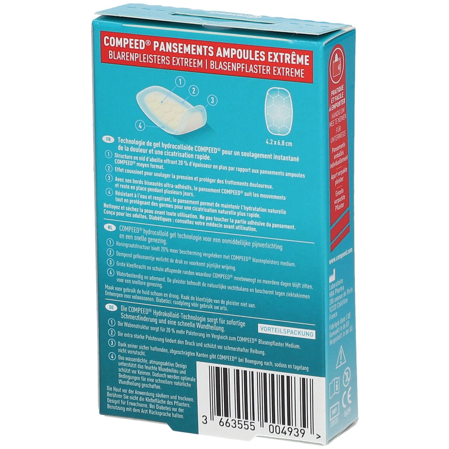 Achterkant van de Compeed® Extreme Blarenpleisters verpakking. Productinformatie en afbeeldingen van de pleisters.