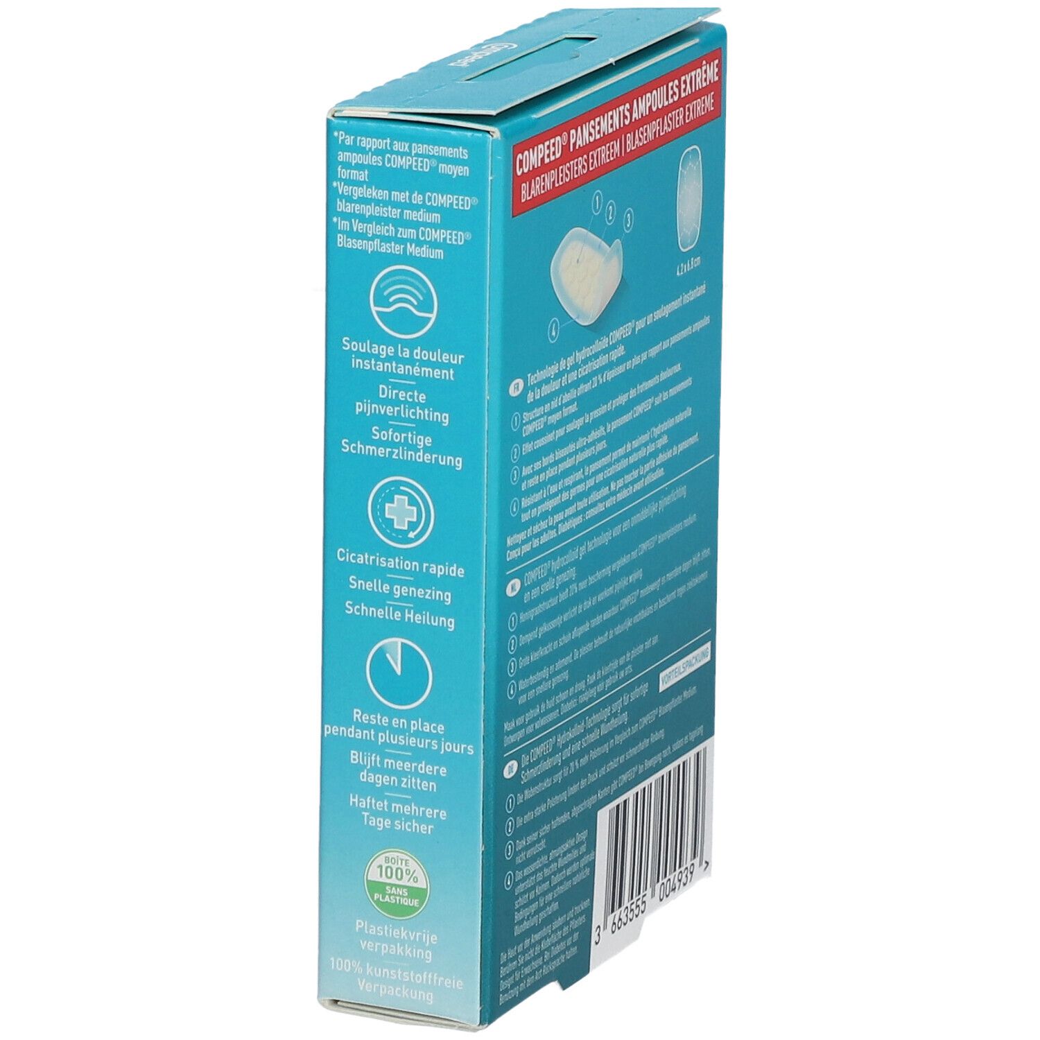 Zijkant van de Compeed® Extreme Blarenpleisters verpakking. Productinformatie en afbeeldingen van de pleisters.
