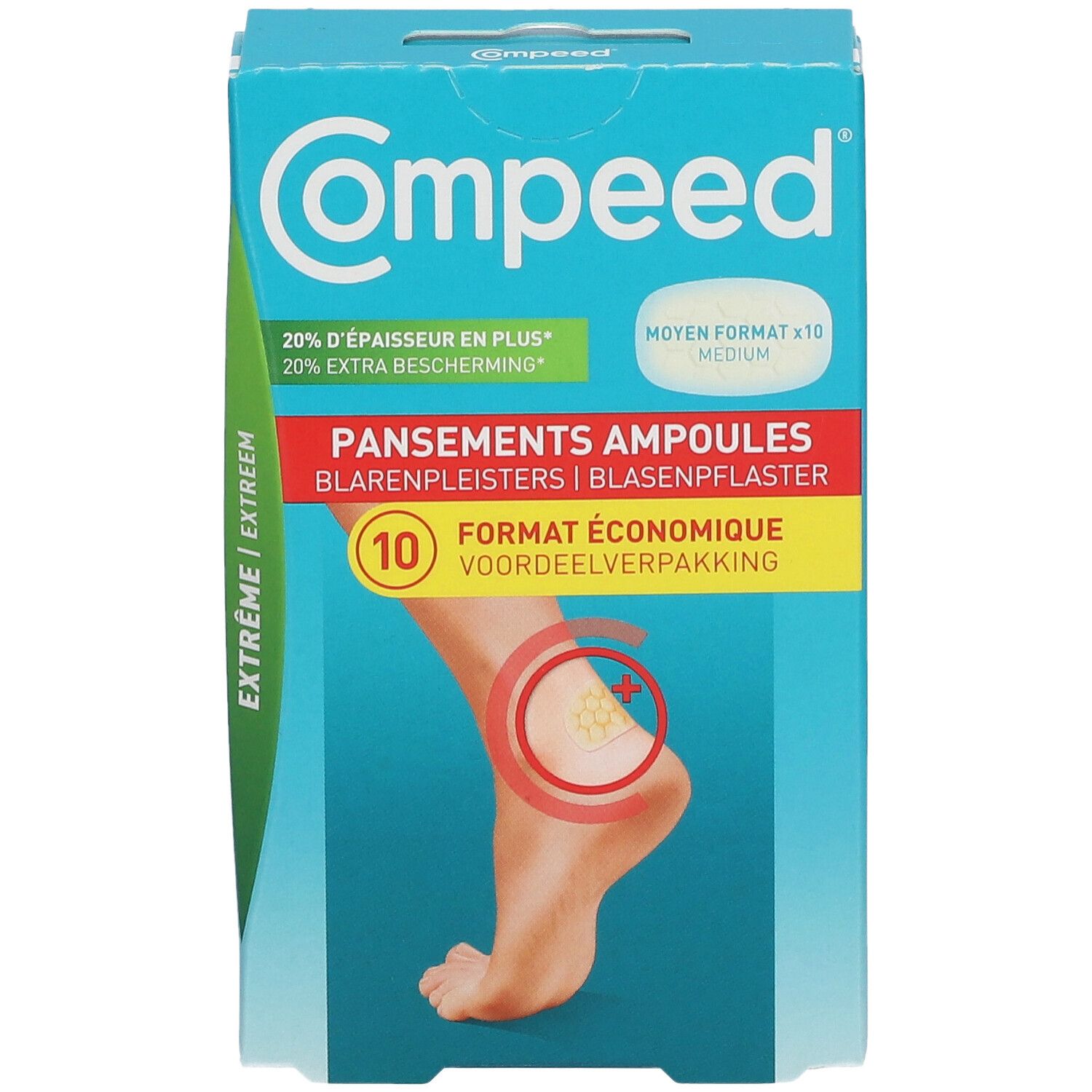 Compeed® Extreme Blarenpleisters verpakking. Toont een voet met blaar, omcirkeld met rood. 10 pleisters.