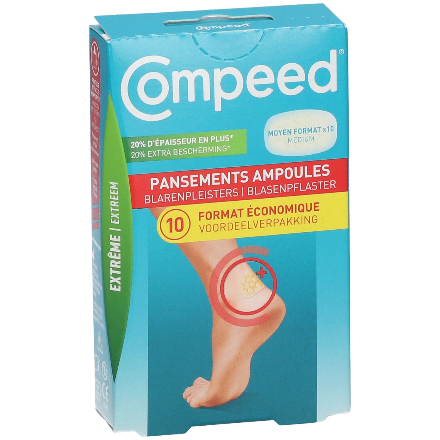 Compeed® Extreme Blarenpleisters verpakking. Toont een voet met blaar, omcirkeld met rood. 10 pleisters.