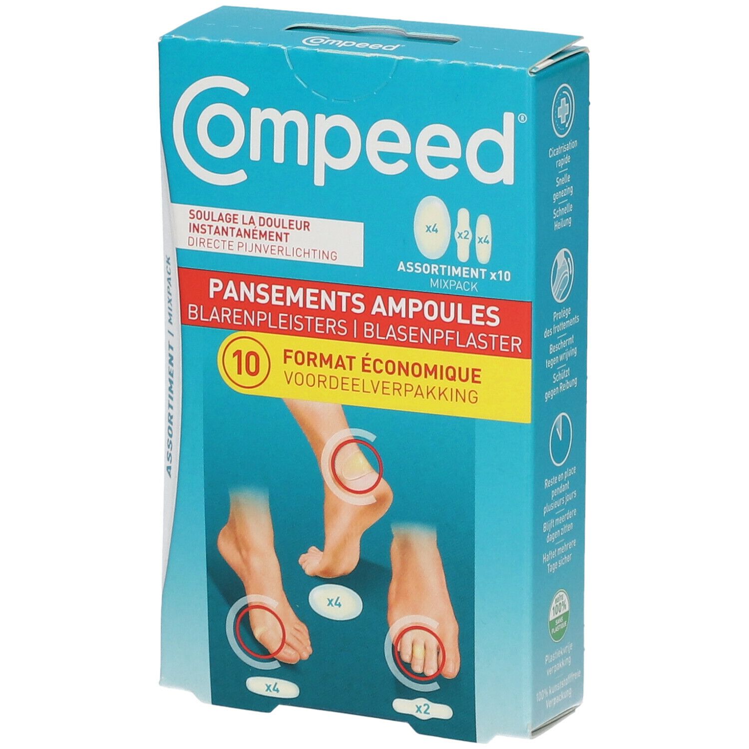 Verpakking Compeed® blarenpleisters. Bevat 10 pleisters in diverse vormen. Voorkant met voetillustraties.