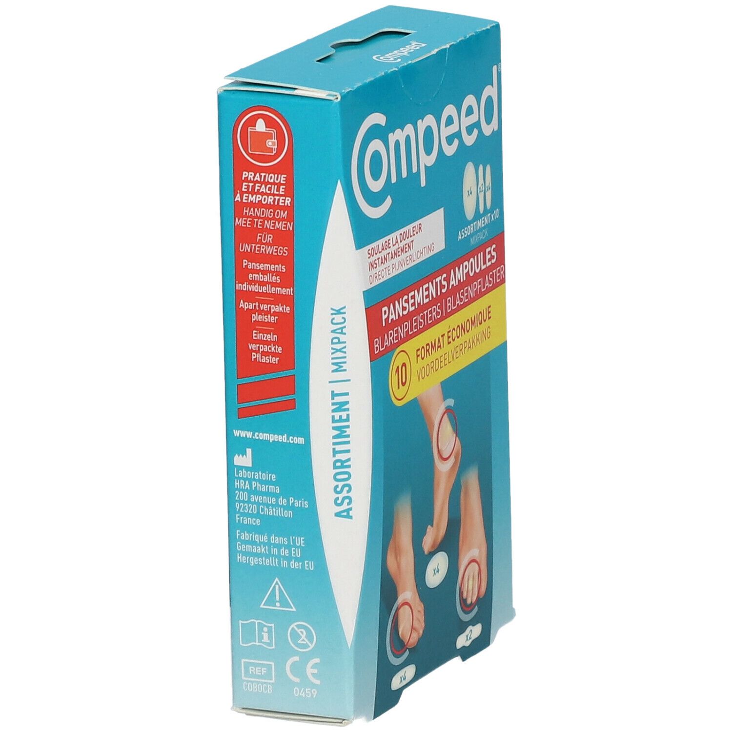 Compeed® blarenpleisterverpakking, blauwe doos. Bevat 10 pleisters. Productnaam en logo duidelijk zichtbaar.
