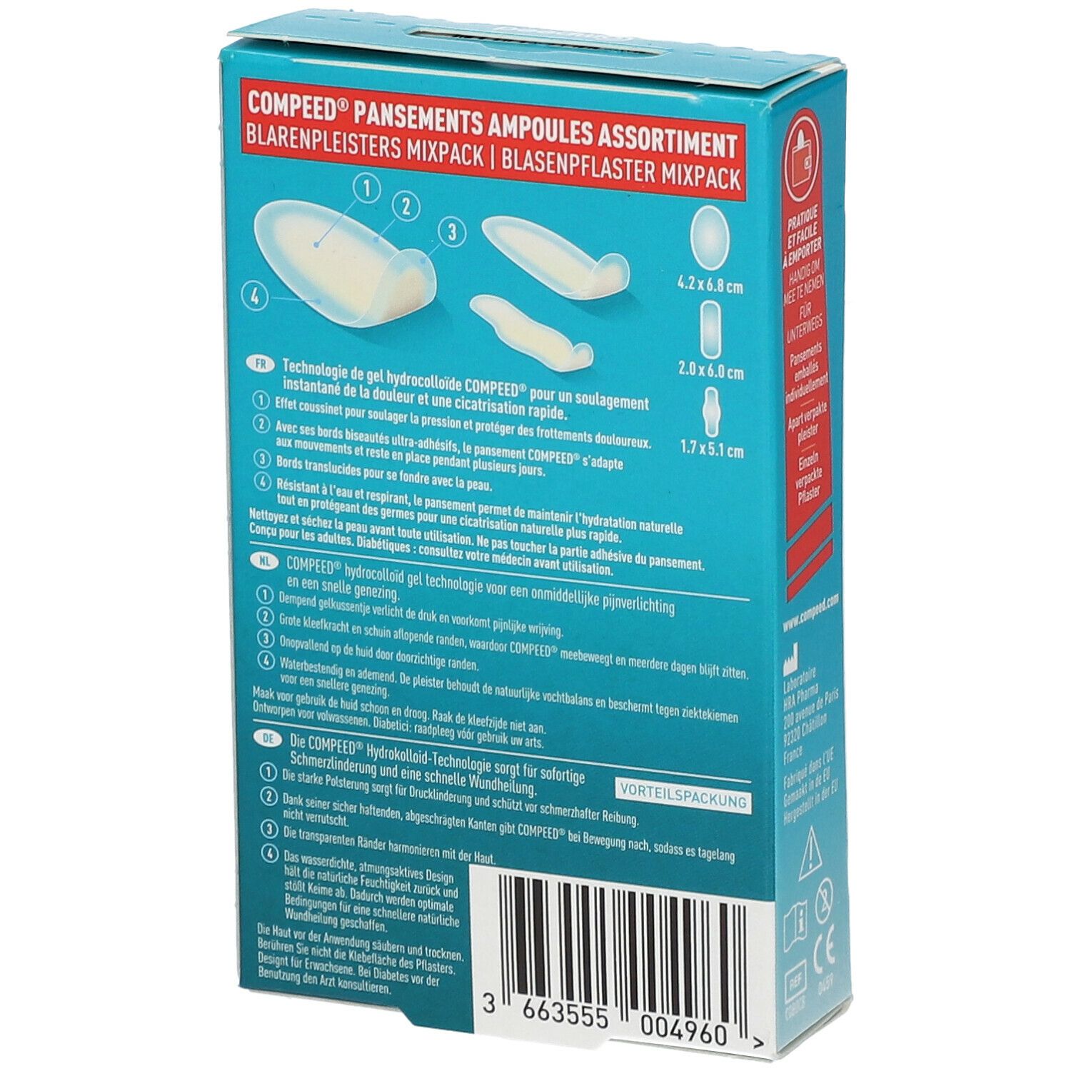 Achterkant van de Compeed® blarenpleisterverpakking. Bevat informatie over de pleisters en hun gebruik.