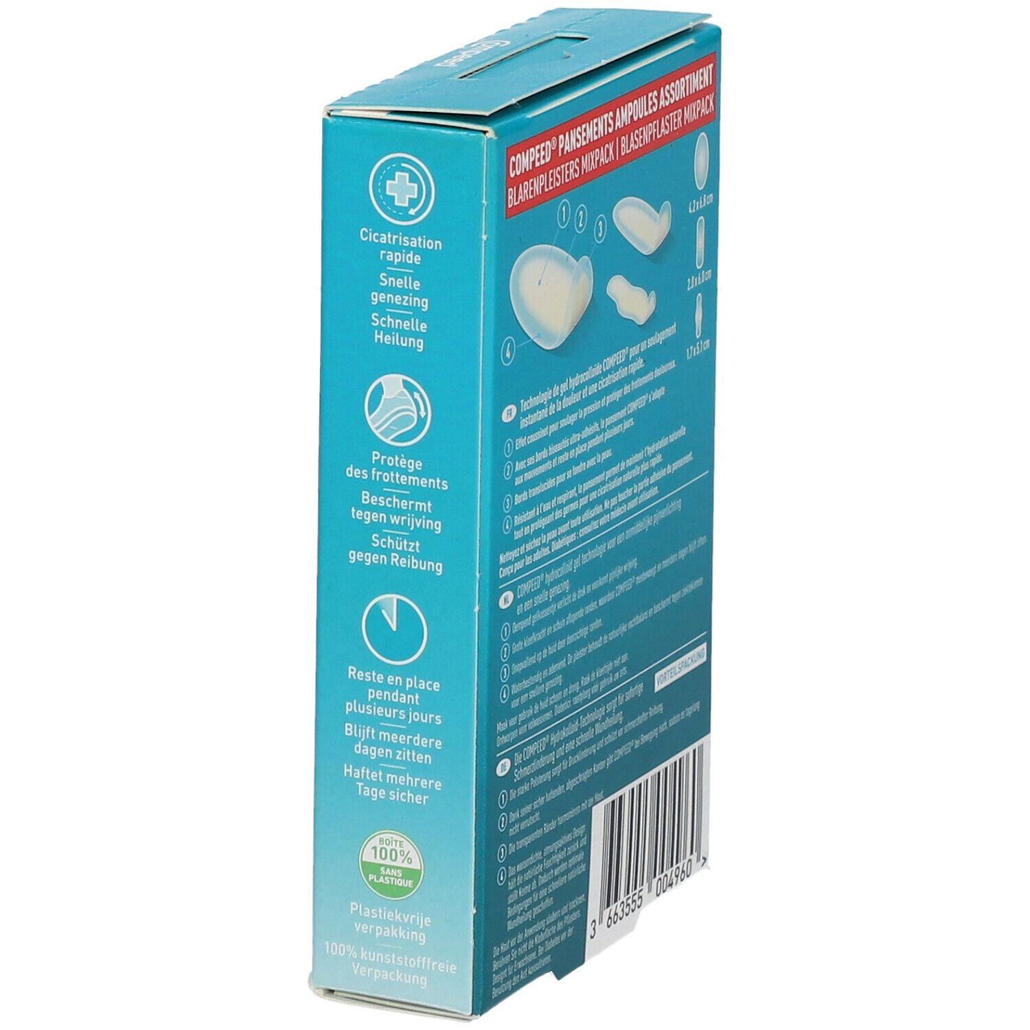 Zijaanzicht van de Compeed® blarenpleisterverpakking. Bevat informatie over de pleisters en hun gebruik.