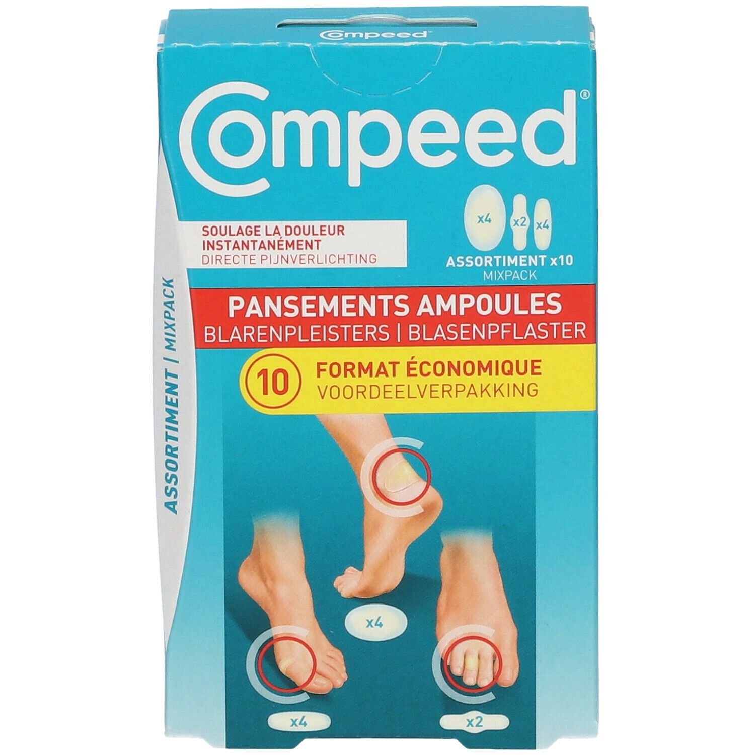 Compeed® blarenpleisterverpakking. Bevat 10 pleisters. Voorkant met voetillustraties en productnaam.