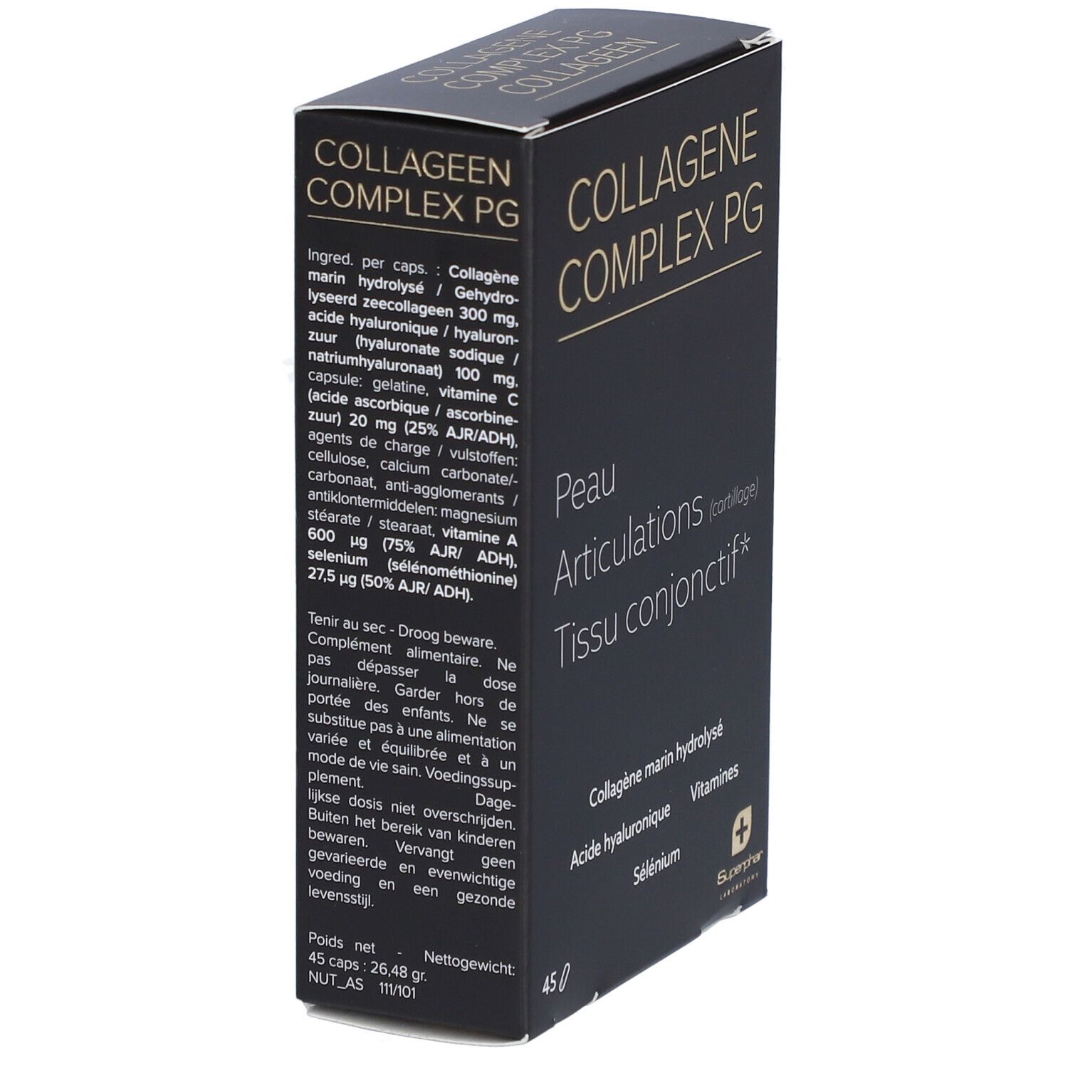 Boîte noire avec logo "COLLAGEEN COMPLEX PG". Texte: Peau, Articulations, Tissu conjonctif. Ingrédients et informations nutritionnelles.